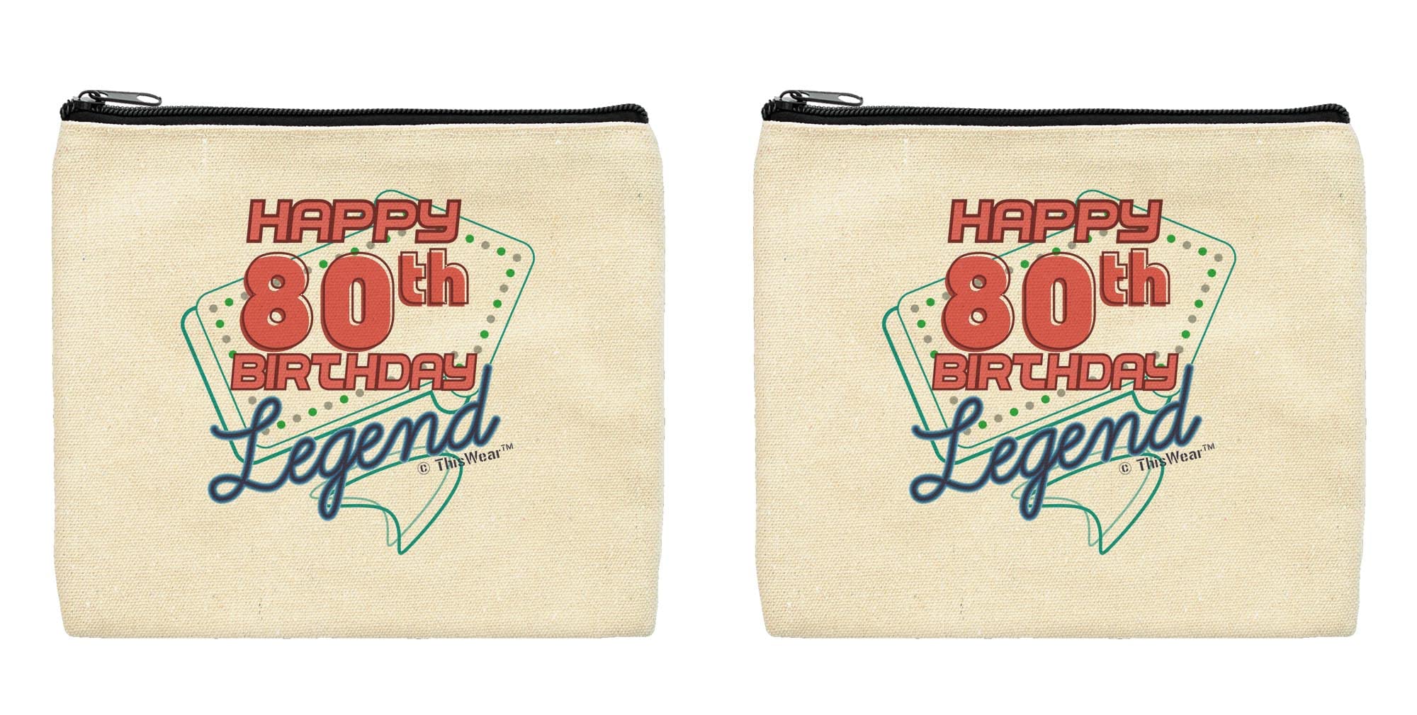 ThisWear 80th Birthday Gifts for Women - 2-Pack Cosmetic Bags with 'Happy 80th Birthday Legend' Design - Perfect for Birthday Party Decorations, Gift Giving & Travel Organizers