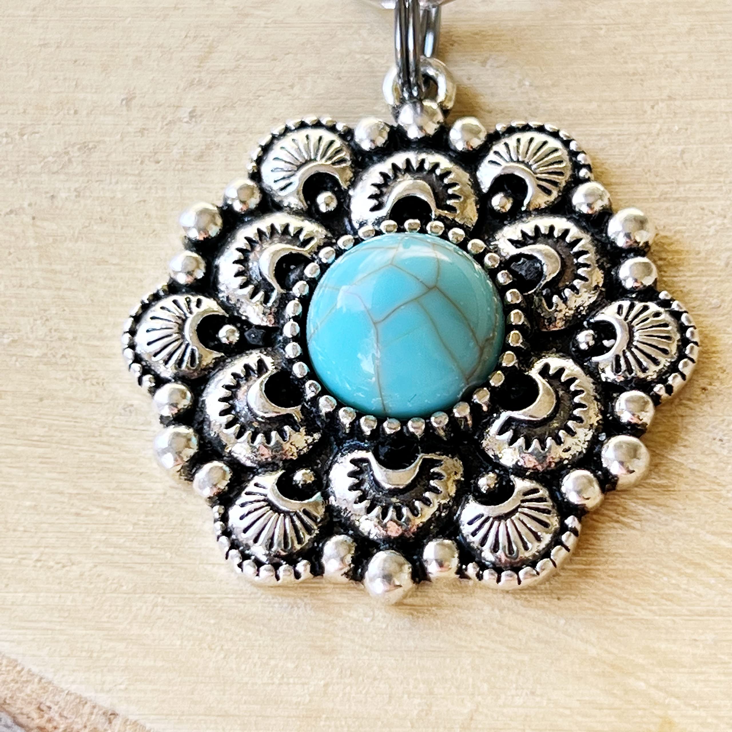 Silver Boho Western Medallion Turquoise Zipper Pull - Handmade Custom Zipper Charms for Backpacks, Purses & Camera Bags | Unique Keychain Accessories & Handbag Jewelry | Perfect for Boho Style, Western Fashion & Everyday Carry