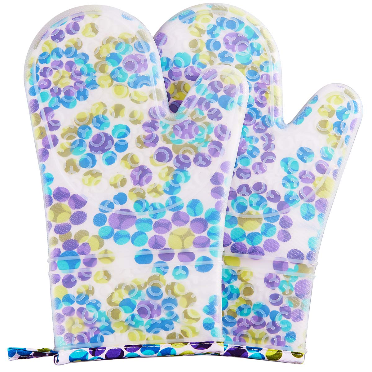 FAVIA Heat Resistant Oven Mitts - Non Slip Silicone Kitchen Gloves with Cotton Lining for Cooking, Baking & Grilling - Waterproof, BPA Free (Medium, White with Colorful Dots) - Perfect for Baking, BBQ & Kitchen Safety