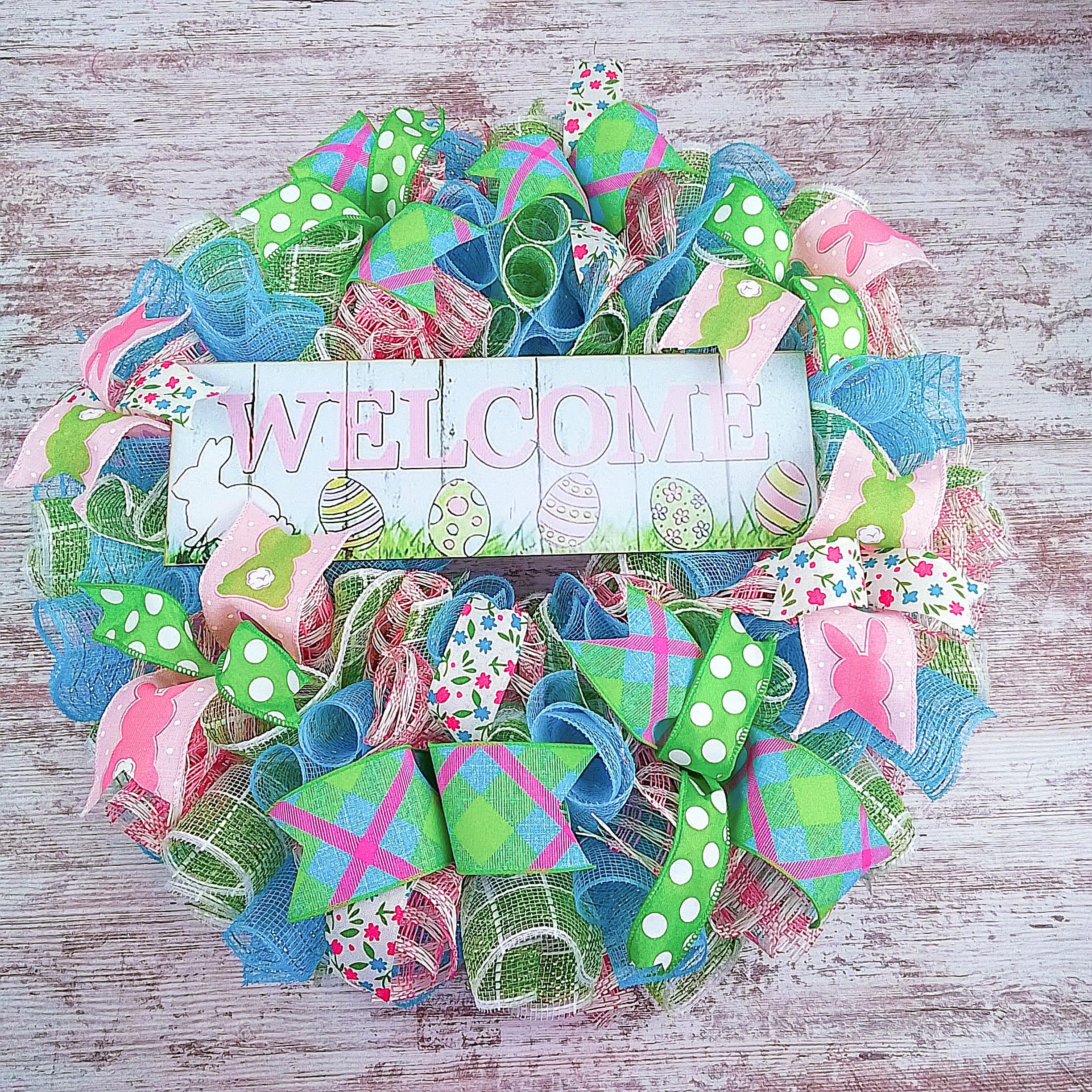 Easter Bunny Wreath - Spring Welcome Door Wreath in Pink, Turquoise, Lime Green & White | Easter Home Decor | Front Door Wreath for Spring & Easter Celebrations