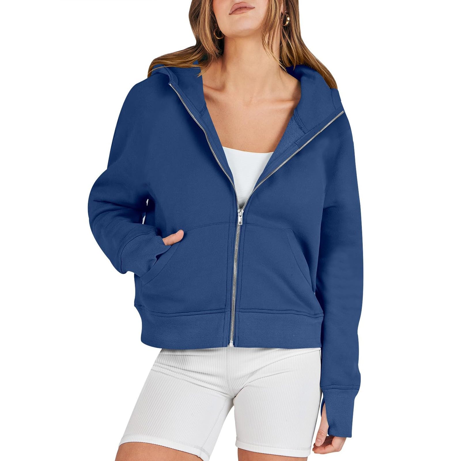 Women's Cropped Zip Up Hoodies with Thumb Holes - Y2K Style Fleece Jackets for Fall & Winter 2024 - Cozy Casual Outfits for Streetwear, Gym, and Everyday Wear