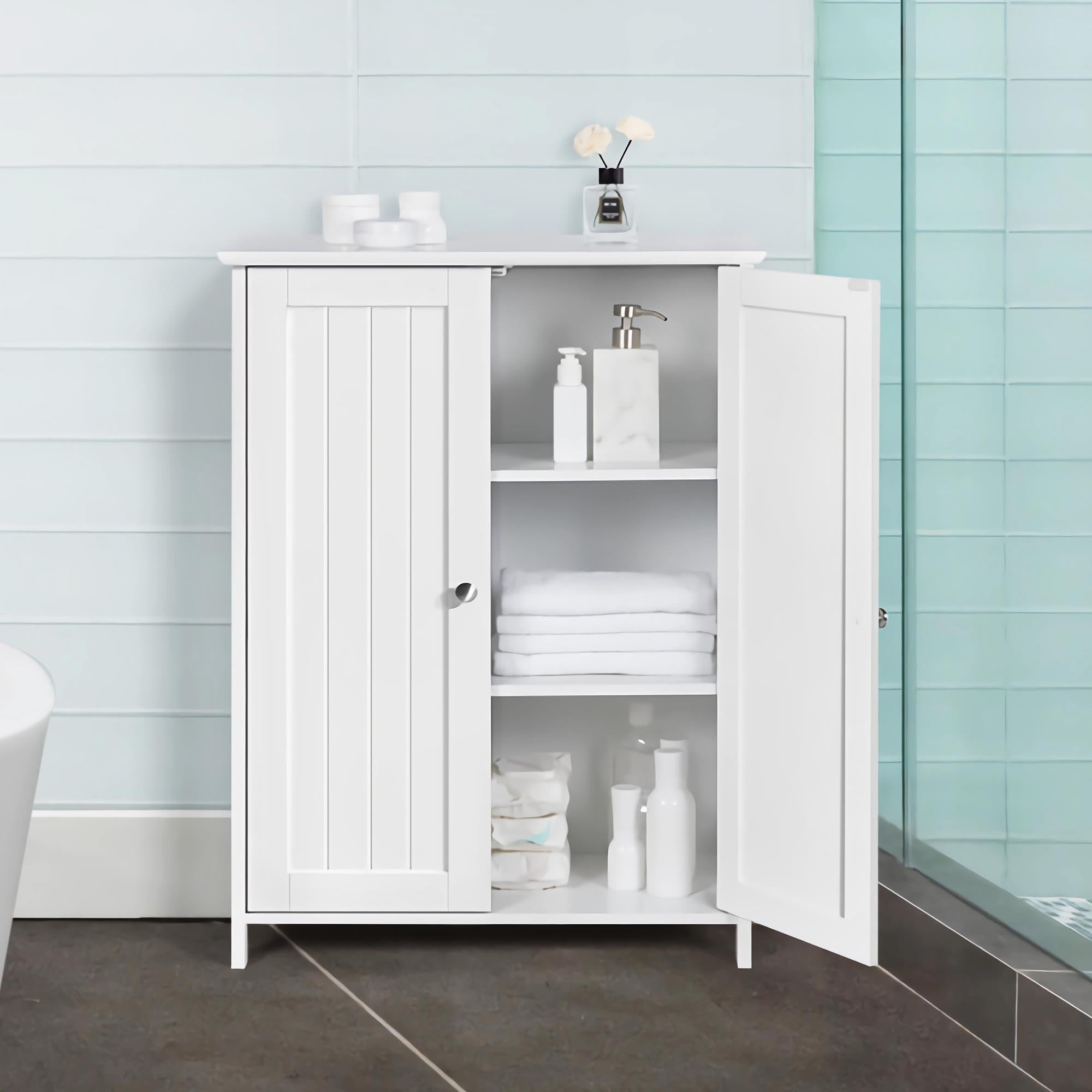 Topeakmart White Bathroom Floor Cabinet with Double Doors - Free Standing Storage Cabinet with Adjustable Shelves & Anti-Tipping Design | Perfect for Bathroom Organization, Small Space Storage & Home Decor