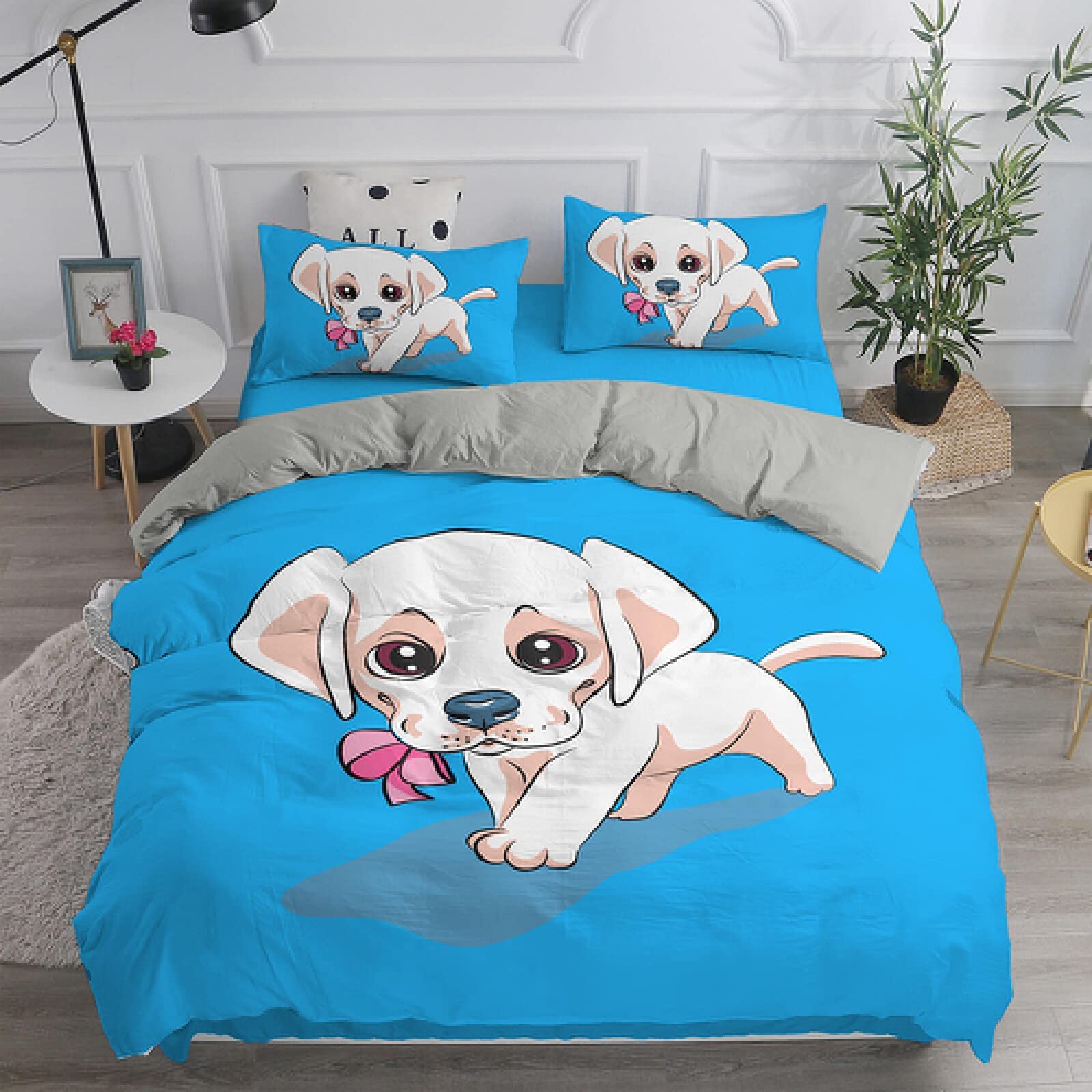 Cute Cartoon White Dog Duvet Cover Set - Blue Luxury Comforter & Pillowcase Collection for Queen, King, Twin & Full Beds | Perfect for Kids, Teens & Adults Bedrooms, Guest Rooms & Cozy Home Decor