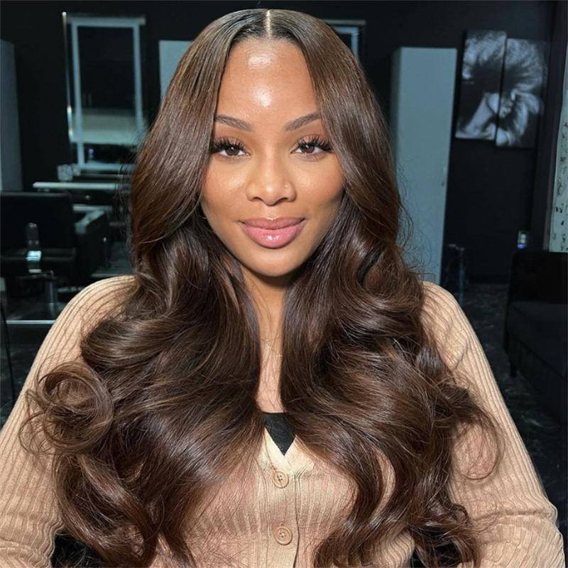 Eullair Brown Straight Human Hair Wig with Curtain Bangs - Body Wave Lace Frontal Wig, Glueless & Natural Look for Daily Wear, Cosplay, and Special Occasions