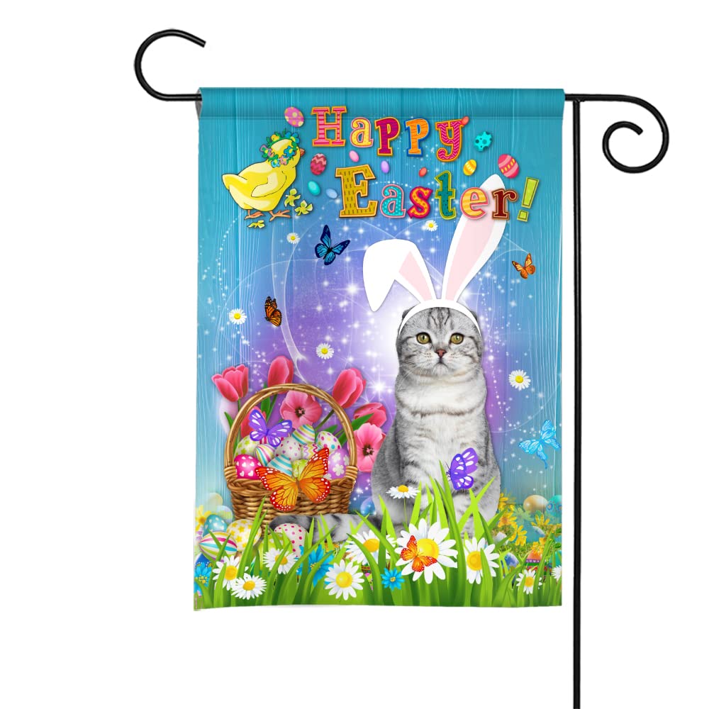 Easter Garden Flag with Easter Eggs & Bunny - Scottish Fold Cat Design for Cat Lovers - 36x60 Inch Outdoor Holiday Decor - Perfect for Spring Yard, Porch & Seasonal Celebrations