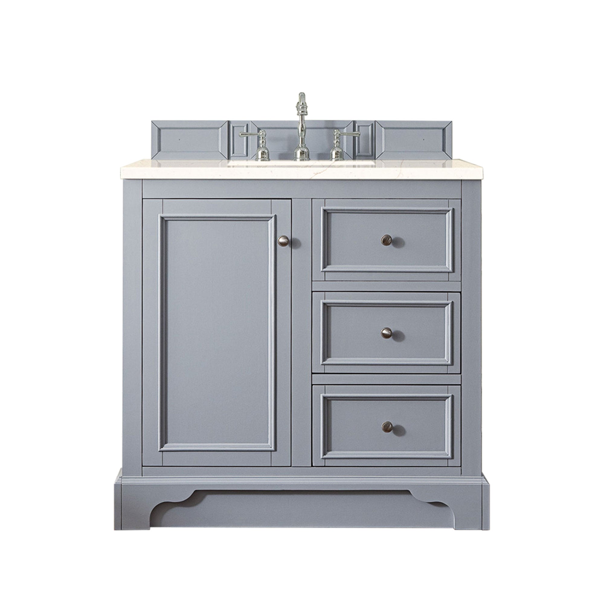 De Soto 36 Inch Single Bathroom Vanity with 3CM Eternal Marfil Quartz Top in Silver Gray - Perfect for Modern Bathrooms & Powder Rooms