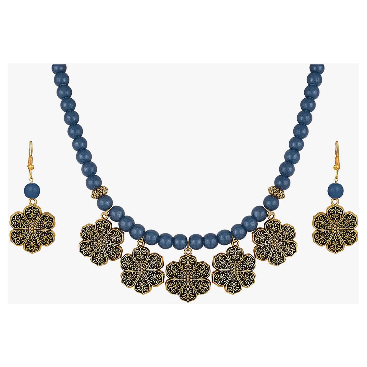 Elegant Gold Plated Floral Onyx Stone Necklace Set for Women | Dainty Jewelry Gift for Her | Perfect for Weddings, Parties & Special Occasions