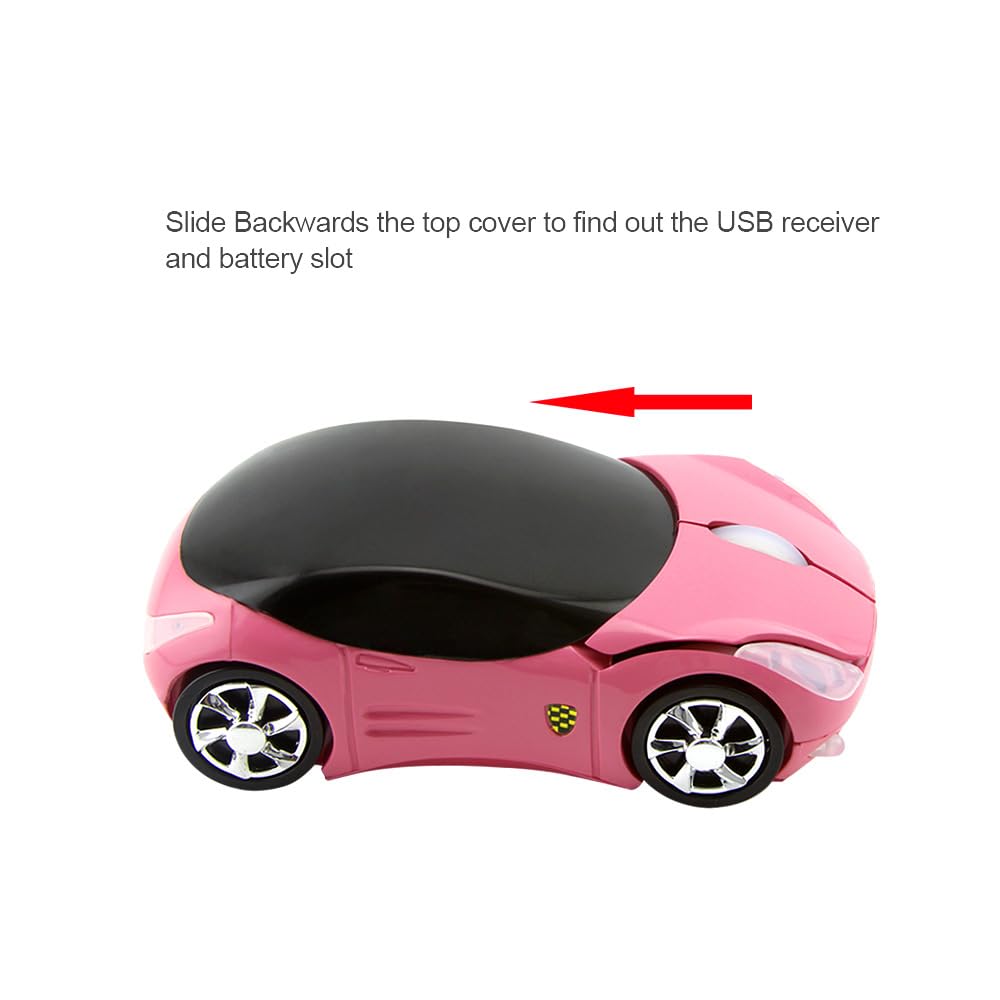 2.4G Wireless Mouse - 3D Car Shaped Optical Mouse with USB Receiver for PC, Laptop, Mac (Pink) - Perfect for Gaming, Office Work, and Travel Use