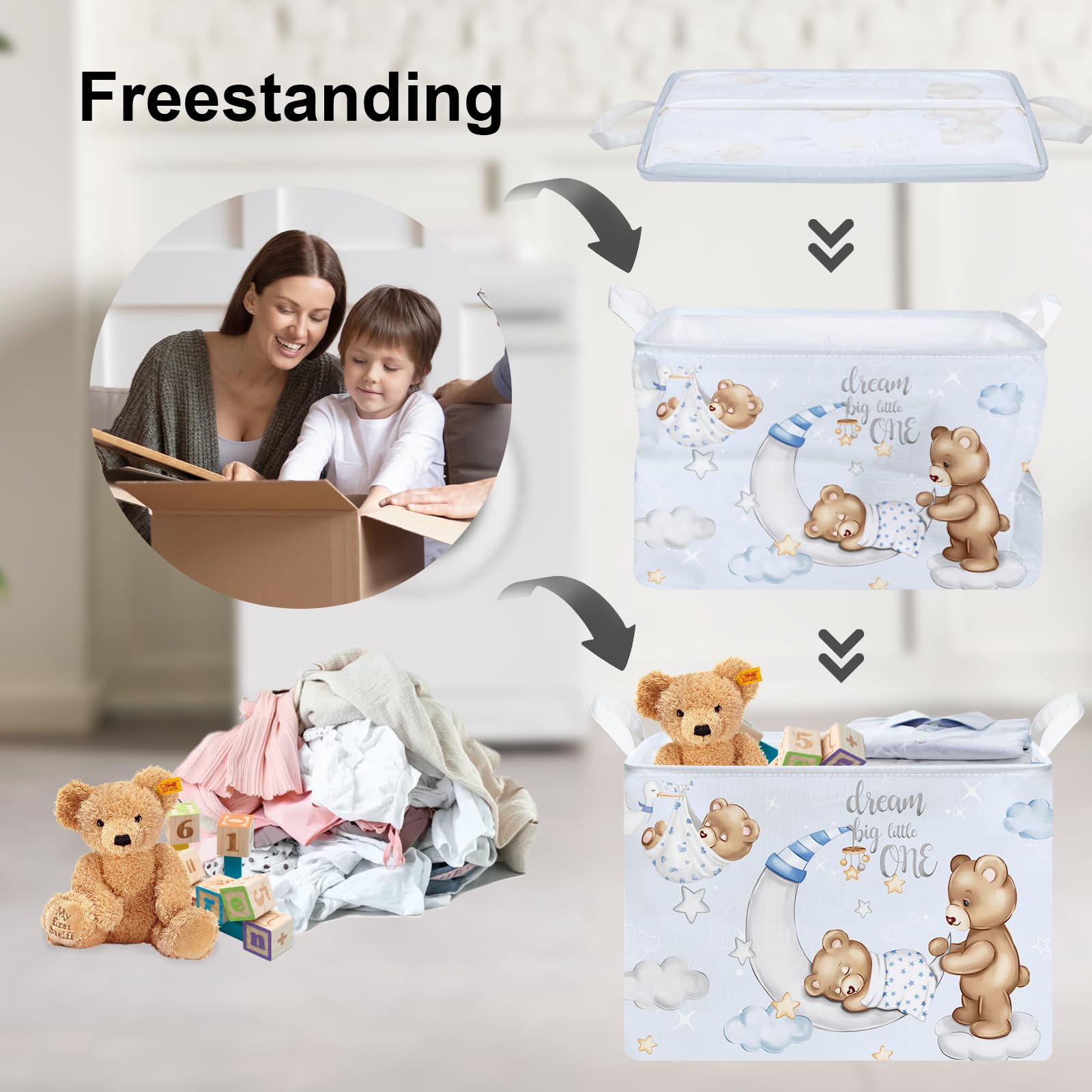 Clastyle Blue Rectangle Storage Basket for Baby Shower & Kids Room - Organize Clothes, Toys with Sleeping Bear, Balloons, Clouds, Stars & Moon Design - Perfect Nursery Decor & Toy Storage Solution