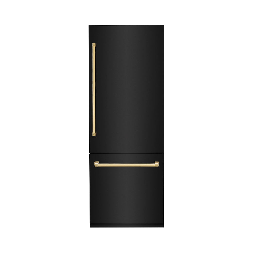 ZLINE Autograph Edition 30-Inch Built-In Bottom Freezer Refrigerator - 16.1 cu ft Capacity, Black Stainless Steel with Gold Accents, Water Dispenser & Ice Maker - Perfect for Modern Kitchens & Open-Concept Homes