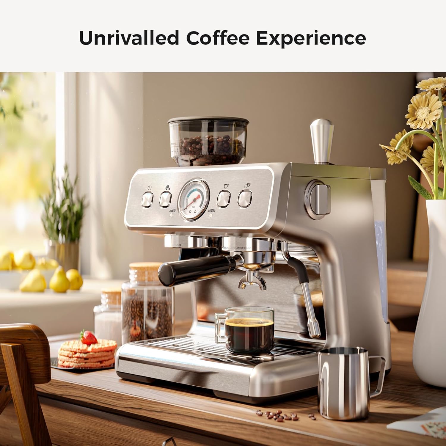 Kismile 20 Bar Professional Espresso Machine with Built-in Grinder & Milk Frother - Automatic Coffee Maker for Home, Latte & Cappuccino - Removable Water Tank, Stainless Steel - Perfect for Morning Brews & Entertaining Guests