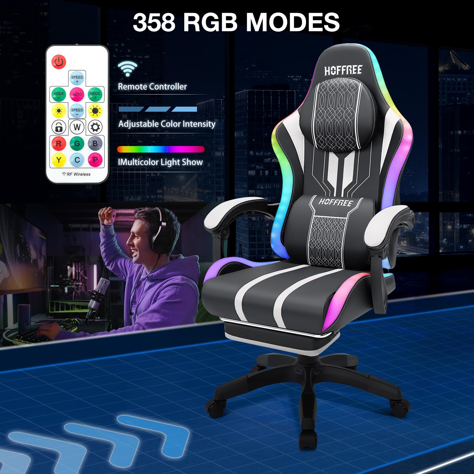 HOFFREE LED Gaming Chair with Massage & Bluetooth Speakers - Ergonomic Big and Tall PC Gaming Chair with Adjustable Footrest - Heavy Duty 400lbs Capacity Computer Desk Chair for Adults (White & Black) - Perfect for Esports, Streaming & Home Office Setup