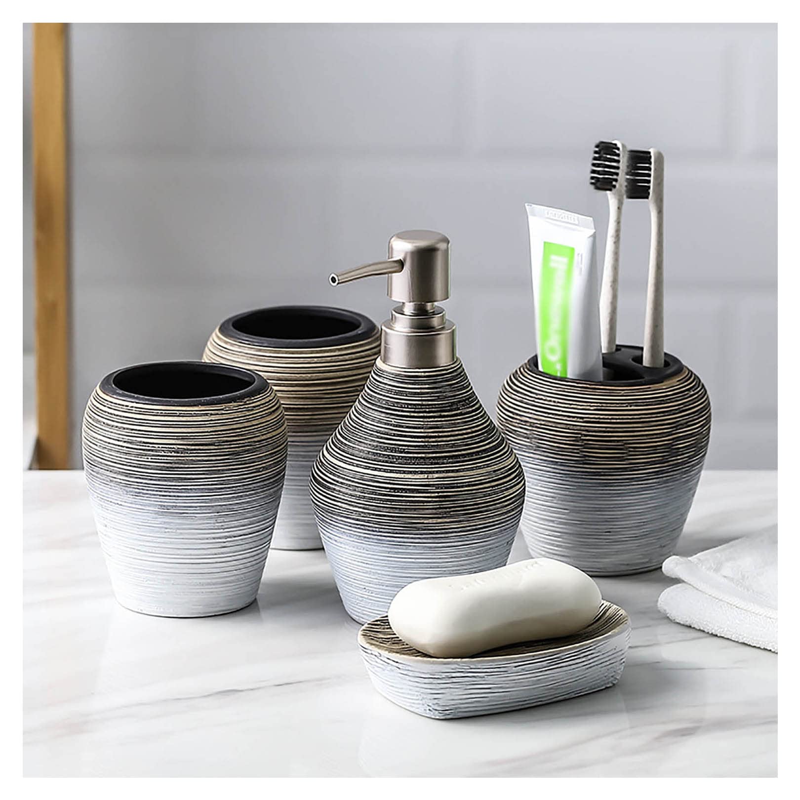 ZHINTE 5-Piece Bathroom Accessories Set - Soap Dispenser, Toothbrush Holder, Cup & Soap Tray | Modern Vanity Organizer for Countertop | Perfect for Home, Hotel & Spa Decor