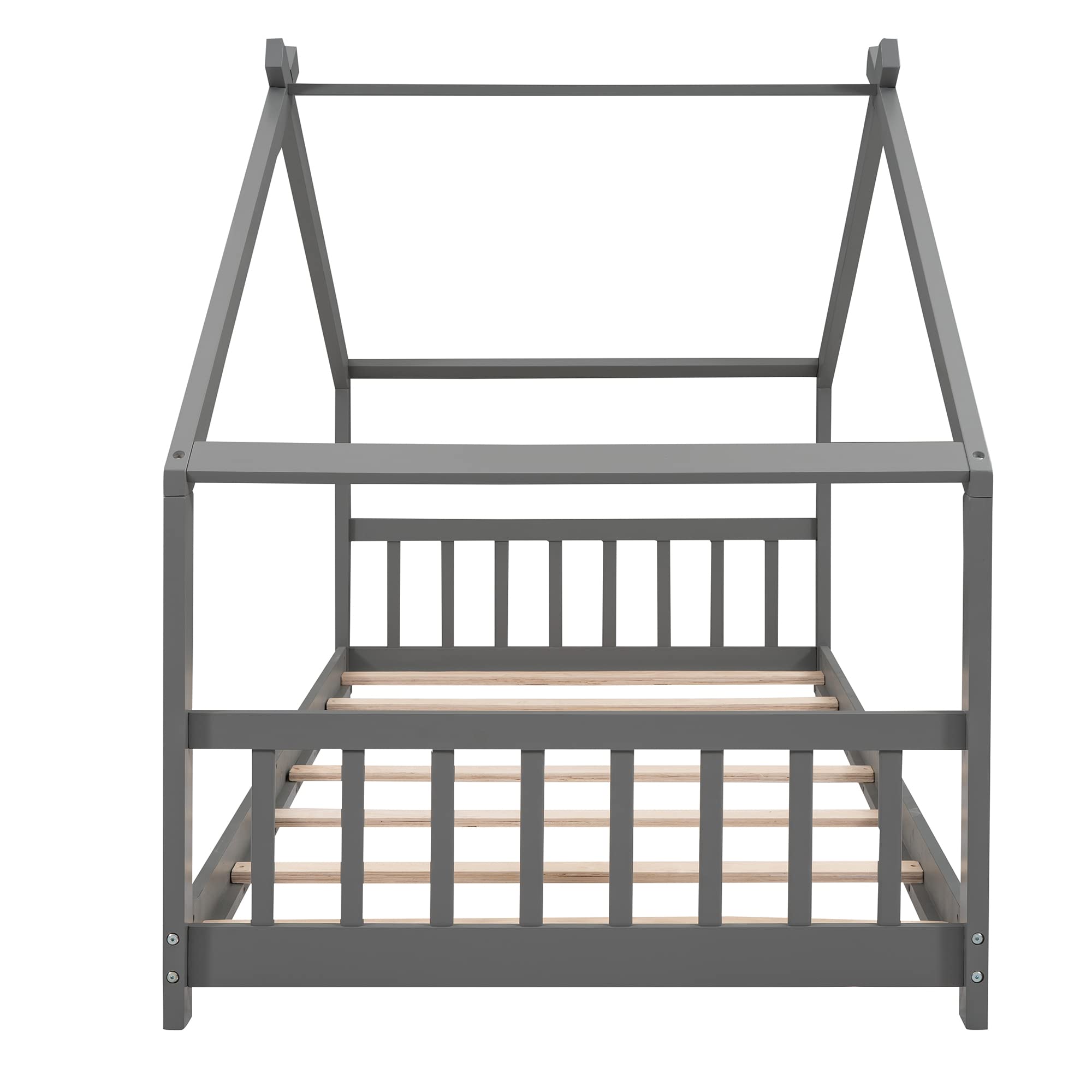 Twin Size Wooden House Bed Frame for Kids with Headboard & Footrest - Sturdy Slatted Support, No Box Spring Needed - Perfect for Boys & Girls Bedrooms (Gray) | Ideal for Montessori, Playrooms & Cozy Sleep Spaces