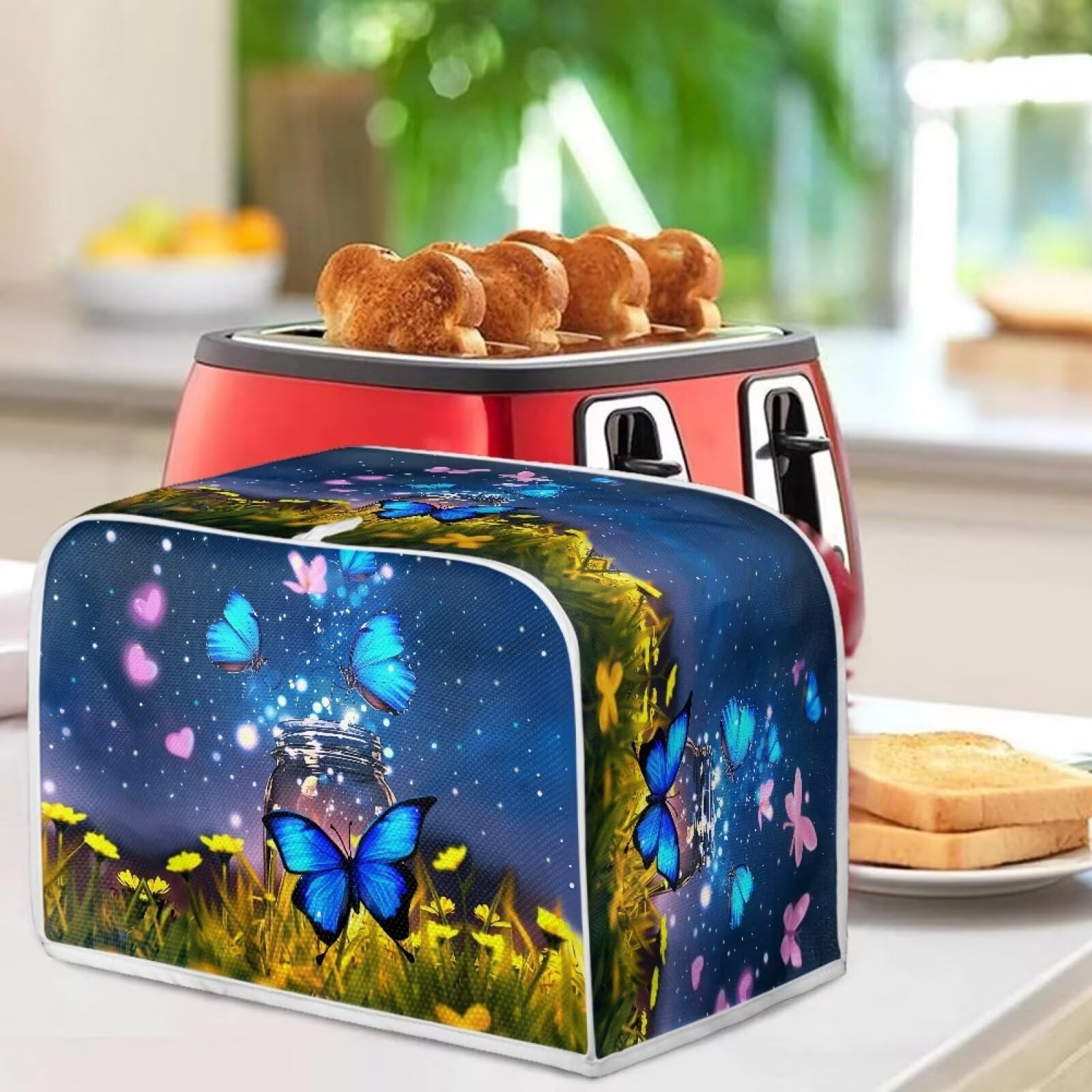 Butterfly Heart Flower Print Toaster Cover - 4 Slice Dust Protection Washable Kitchen Appliance Cover with Handle for Toaster Oven & Bread Maker | Perfect for Home, Kitchen, Breakfast & Dining Room Decor