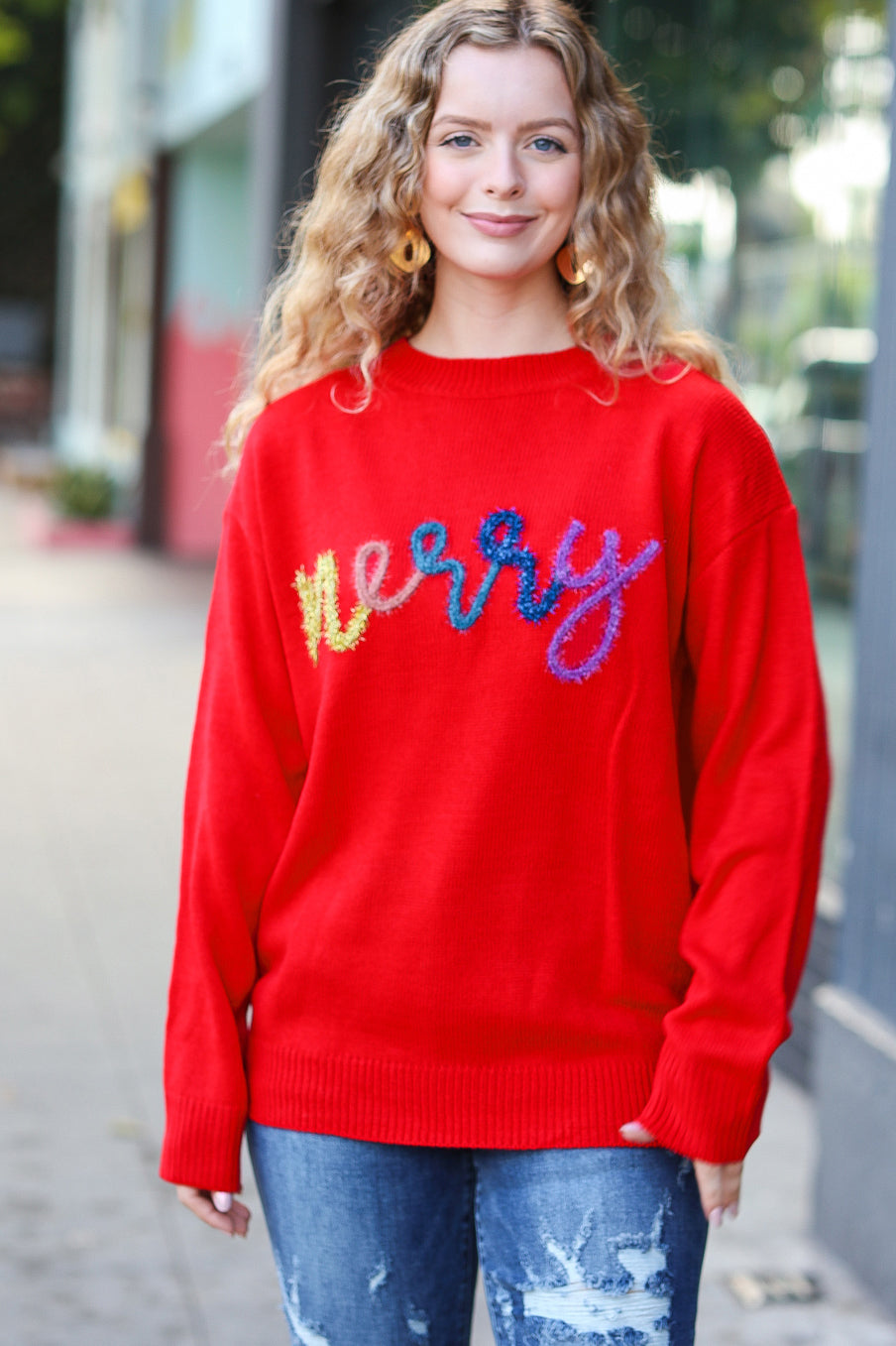 More The Merrier Red Pop Up Lurex Sweater - Festive Holiday Party Wear for Christmas & New Year Celebrations