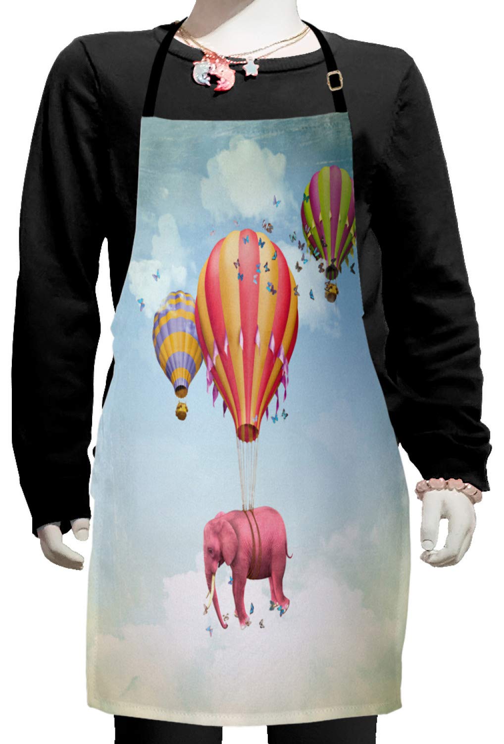 Ambesonne Animal Apron - Pink Sky with Balloons Illustration, Adjustable Ties for Baking, Painting & Cooking - Small Size Multicolor Apron for Women & Men - Perfect for Kitchen, BBQ, Art Class & Home Decor