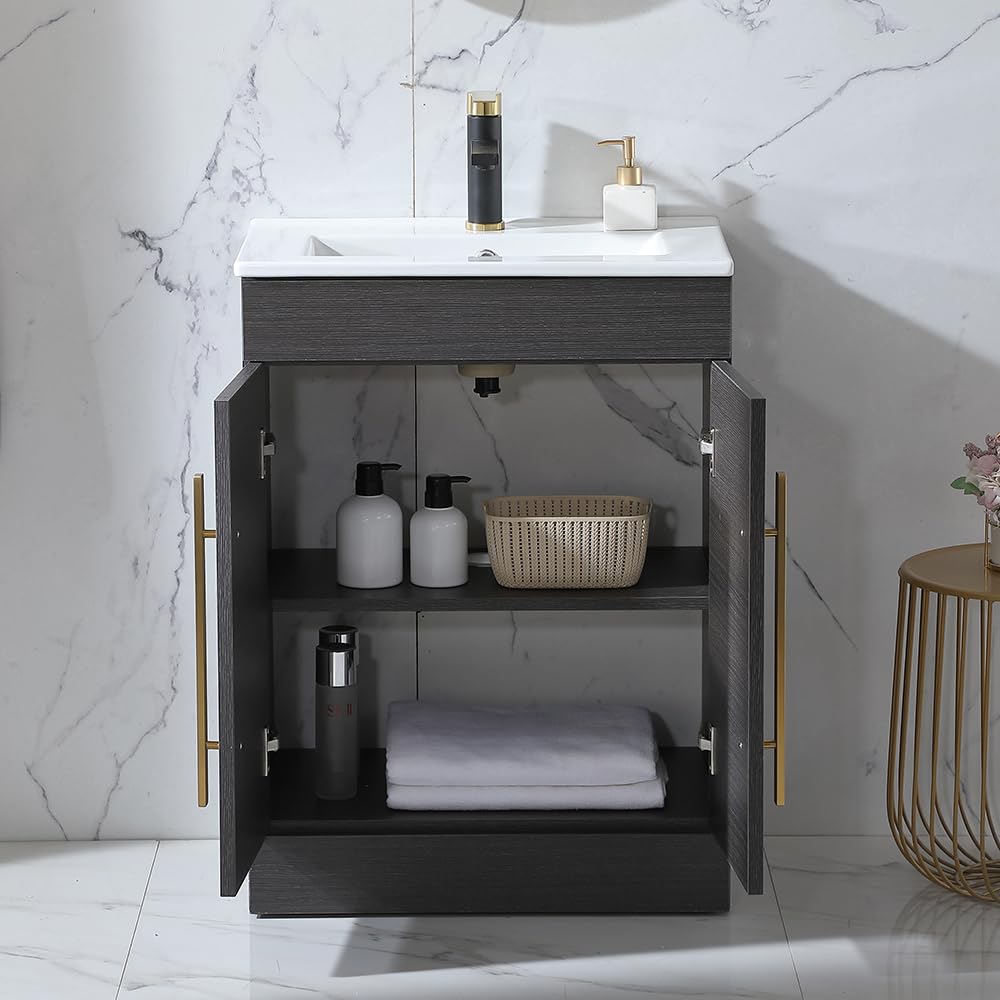 24 Inch Modern Bathroom Vanity with Sink - Small Space Black & Grey Cabinet with 2 Doors & Gold Handles | Perfect for Compact Bathrooms, Powder Rooms & Apartment Renovations