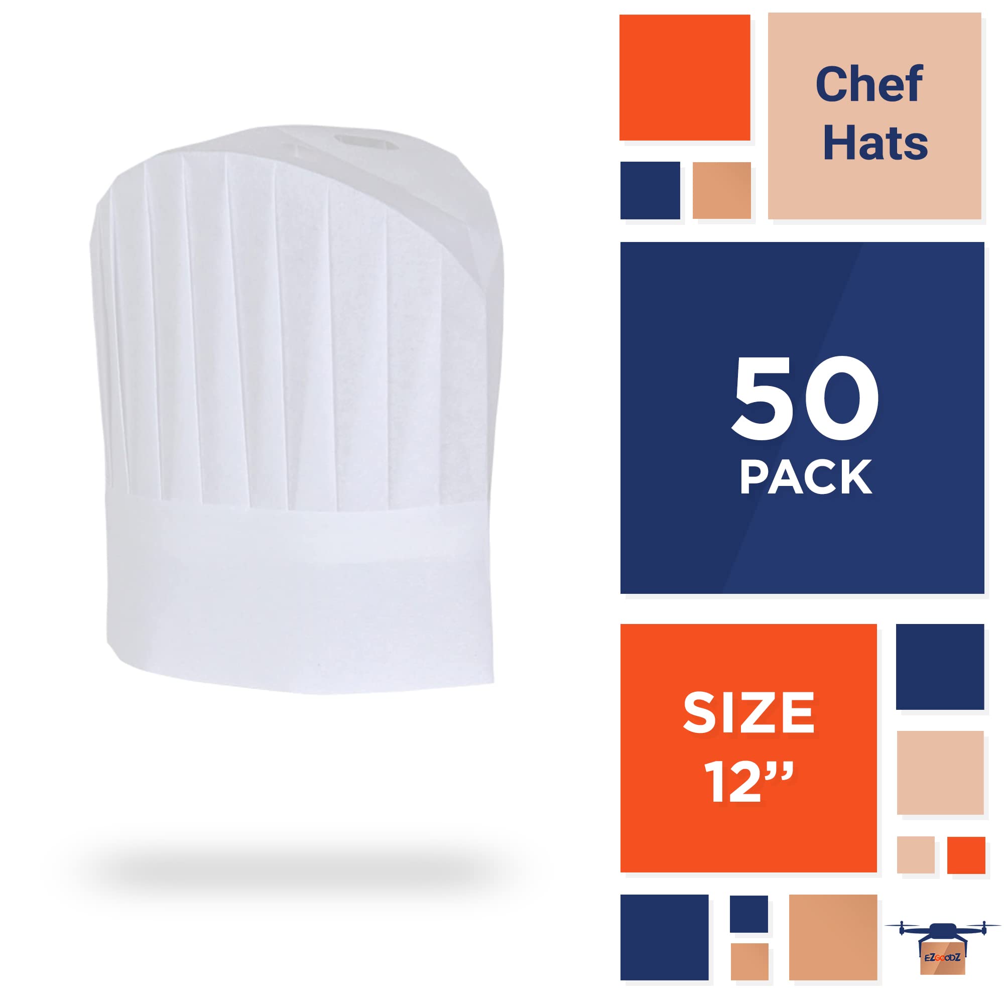 EZGOODZ Bulk White Chef Hats - Pack of 50 Disposable 12