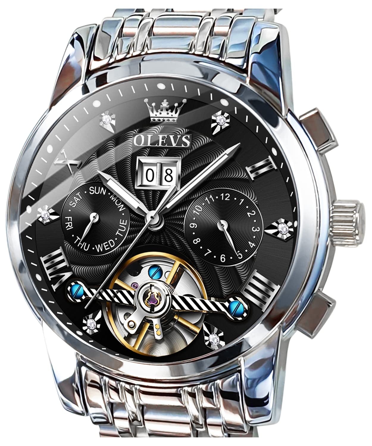 OLEVS Men's Automatic Mechanical Watch - Luxury Dress Tourbillon Skeleton with Multi Calendar, Stainless Steel Waterproof Luminous Wristwatch for Business, Formal & Casual Wear