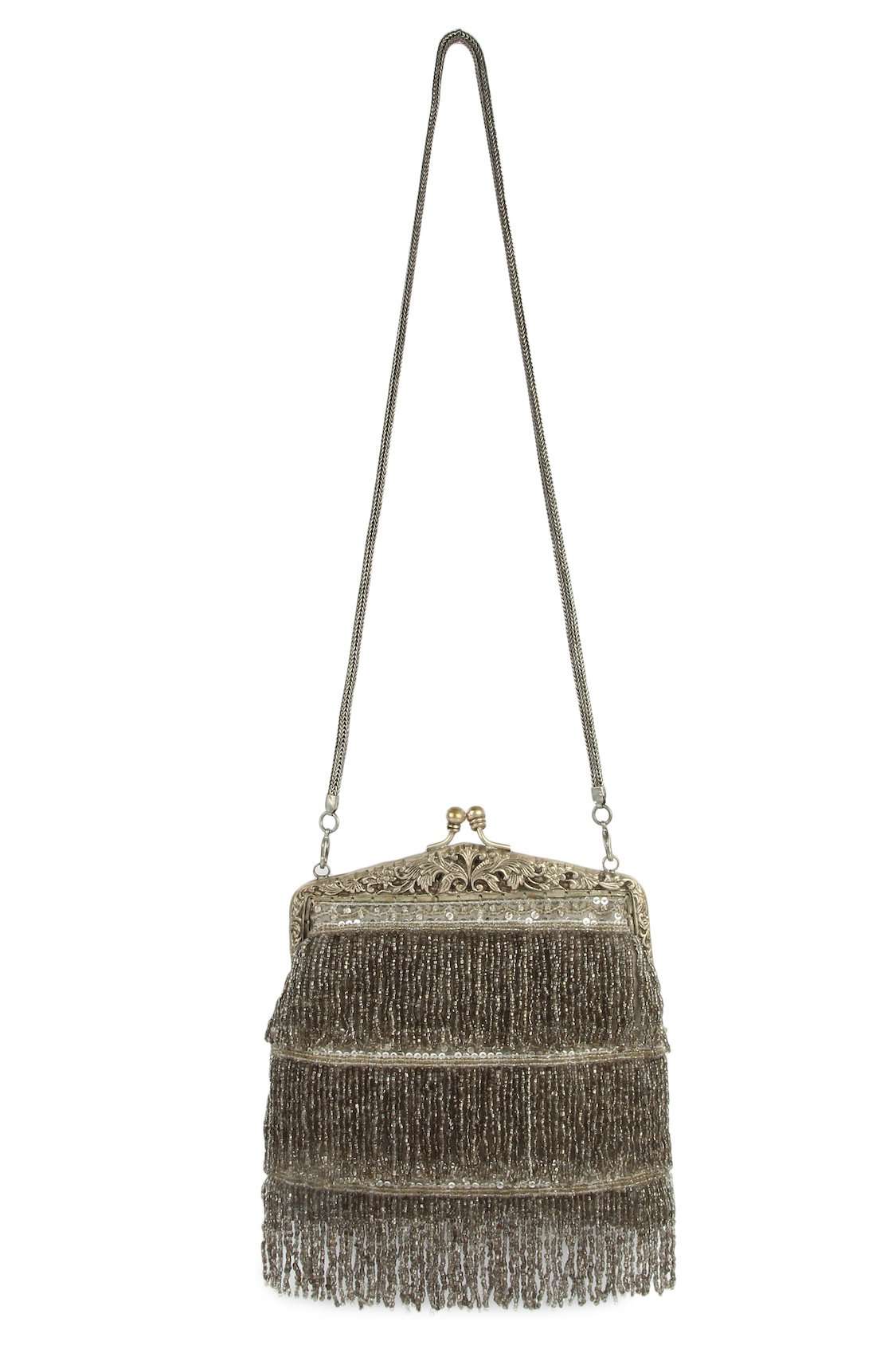 Khloe Silver Brass Frame Swinging Fringe Handbag for Women - Stylish Crossbody Purse with Bohemian Tassels for Party, Date Night & Evening Out