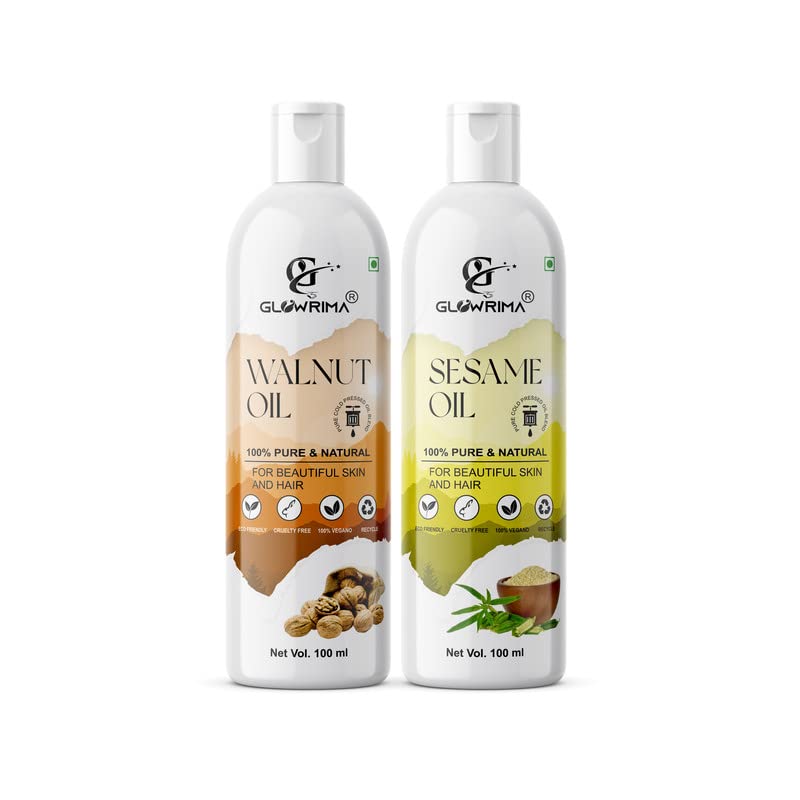 Glowrima 100% Pure Walnut Oil & Sesame Oil Combo (100ML Each) - Promotes Rapid Hair Growth, Reduces Hair Fall & Split Ends for Softer, Shinier Hair - Perfect for Daily Hair Care & Scalp Massage (Pack of 2)