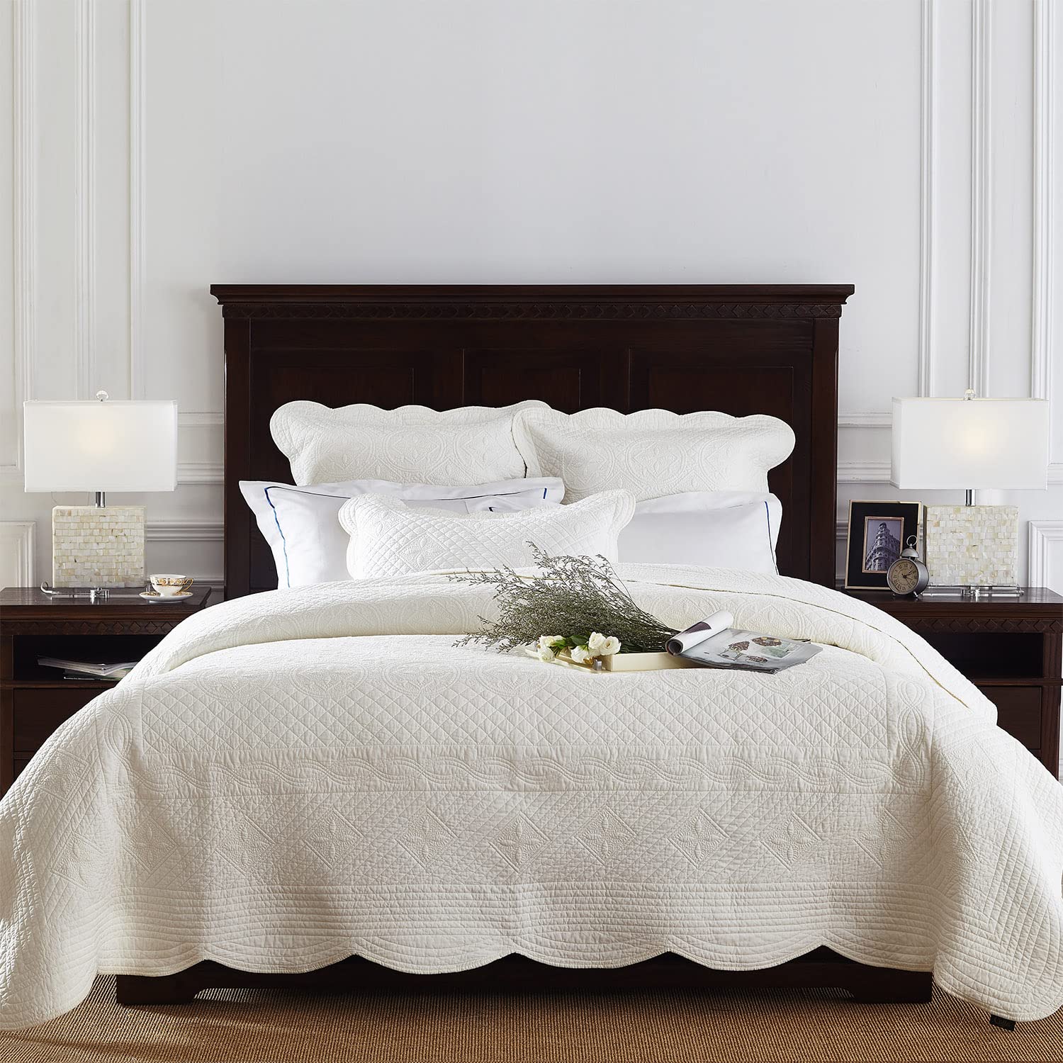 Luxury Calla Angel Sage Garden Pure Cotton Matelasse Quilt Queen Size - Ivory White Bedspread for Master Bedroom & Guest Room Decor