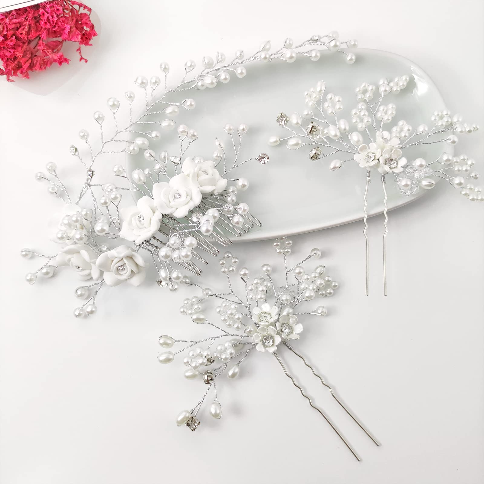 3PCS Pearl Bridal Hair Pins & 1PCS Rhinestone Wedding Hair Clips Set (H04 & H09) - Elegant Bridal Accessories for Wedding, Prom, and Formal Events