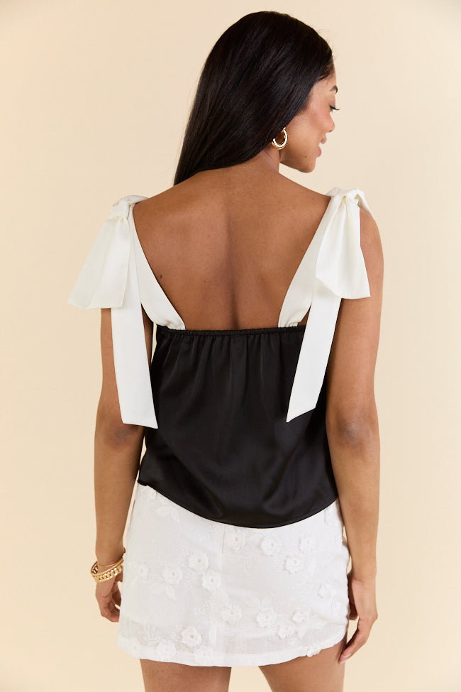 Elegant Black & Ivory Satin Bow Sleeve Tank Top - Women's Classic Night Out Blouse for Parties, Dates & Special Occasions