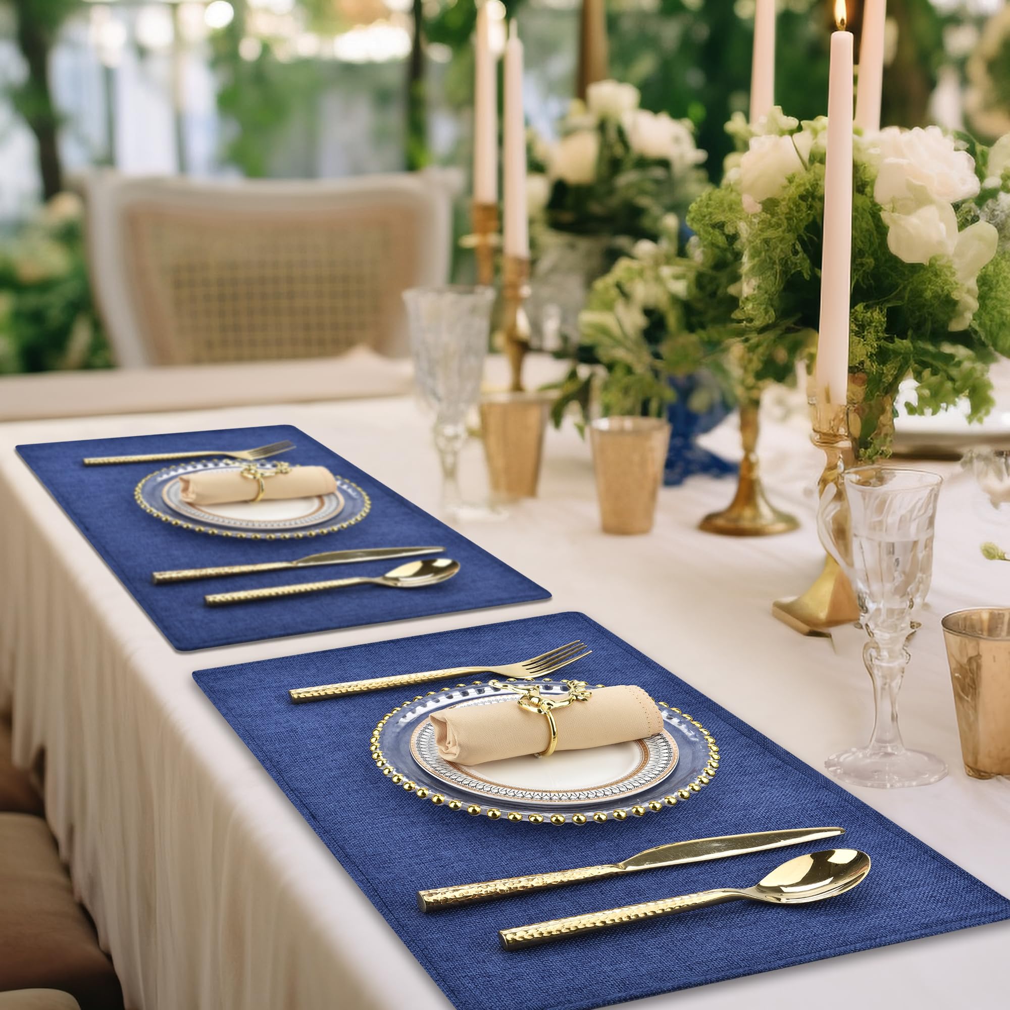 Premium Navy Blue Fabric Placemats Set of 6 - Machine Washable & Heat Resistant Non-Slip Table Mats - Elegant Dining Decor for Everyday Meals & Dinner Parties (12