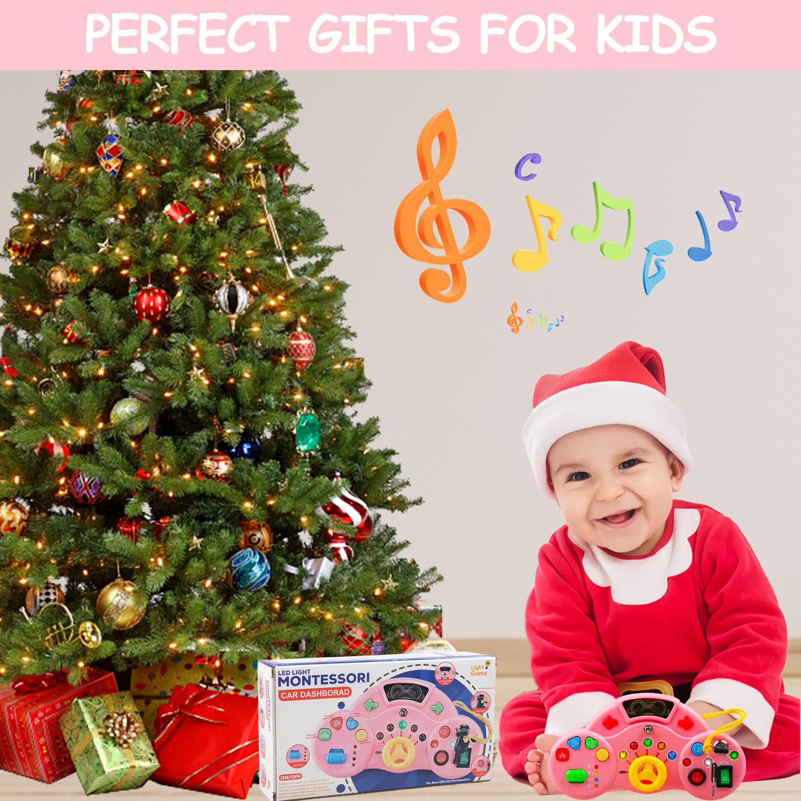 Montessori Busy Board for Toddlers 1-4 Years - LED Musical Light Switch Sensory Toy with Preschool Learning Activities | Travel & Educational Gift for Boys & Girls (Pink) - Perfect for Home, Classroom & Airplane Travel