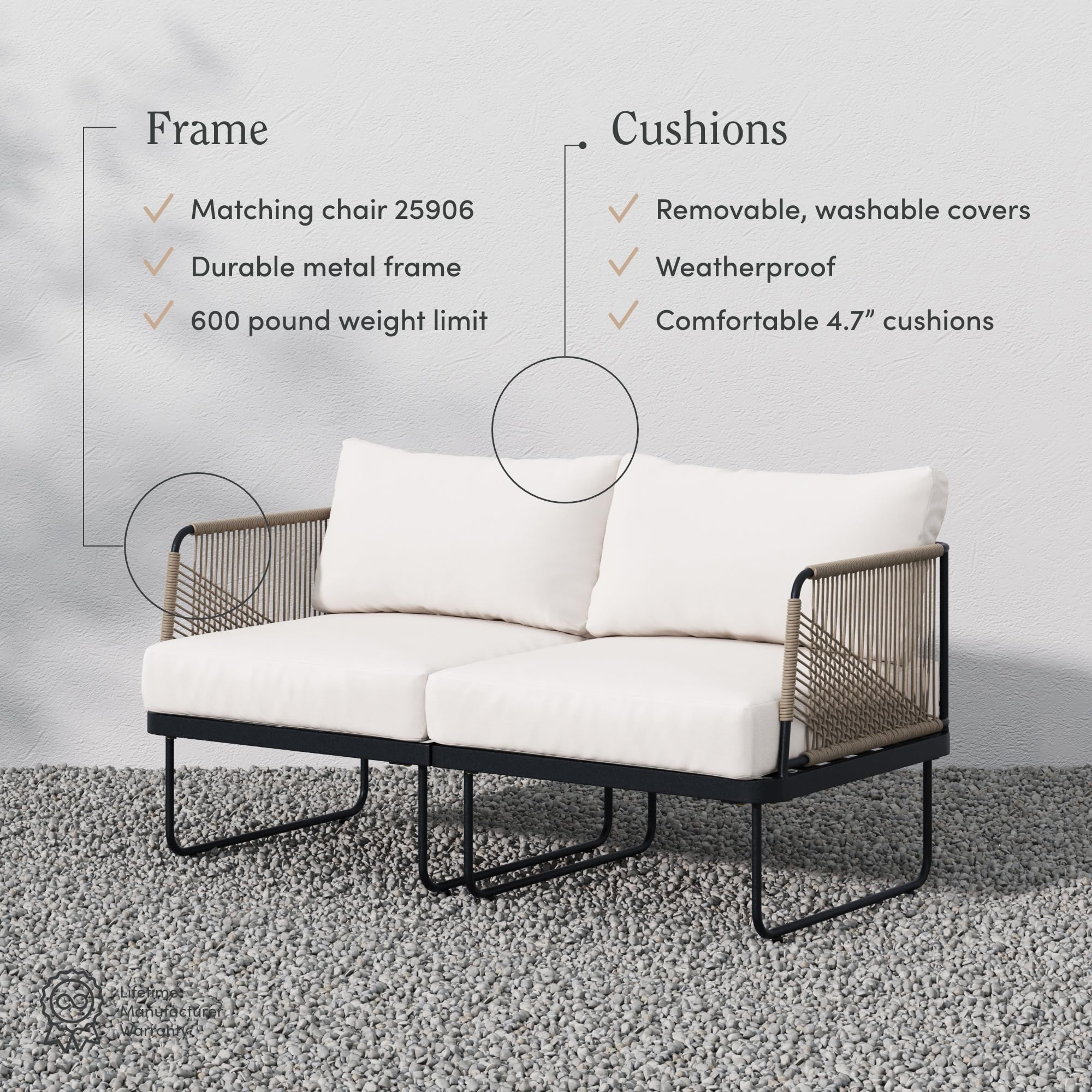 Nathan James Isla Boho Loveseat for Patio - Upholstered Outdoor Sofa with Black Metal Frame, Cream Fabric - Perfect for Backyard, Garden, and Poolside Relaxation