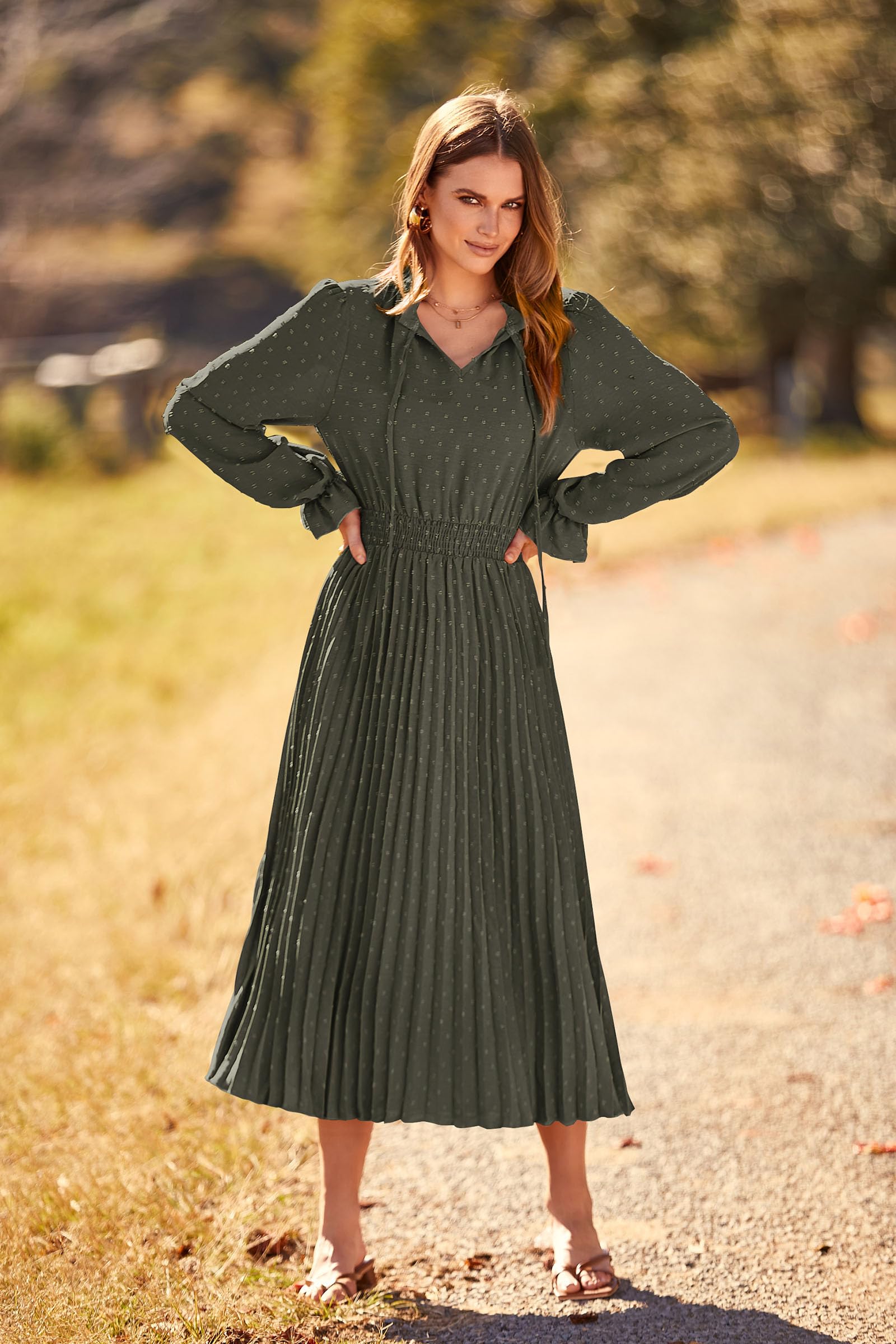 PRETTYGARDEN Women's 2025 Spring Fall Midi Dress - Casual Long Sleeve V-Neck Swiss Dot Pleated A-Line Flowy Dress for Work, Date Night & Special Occasions