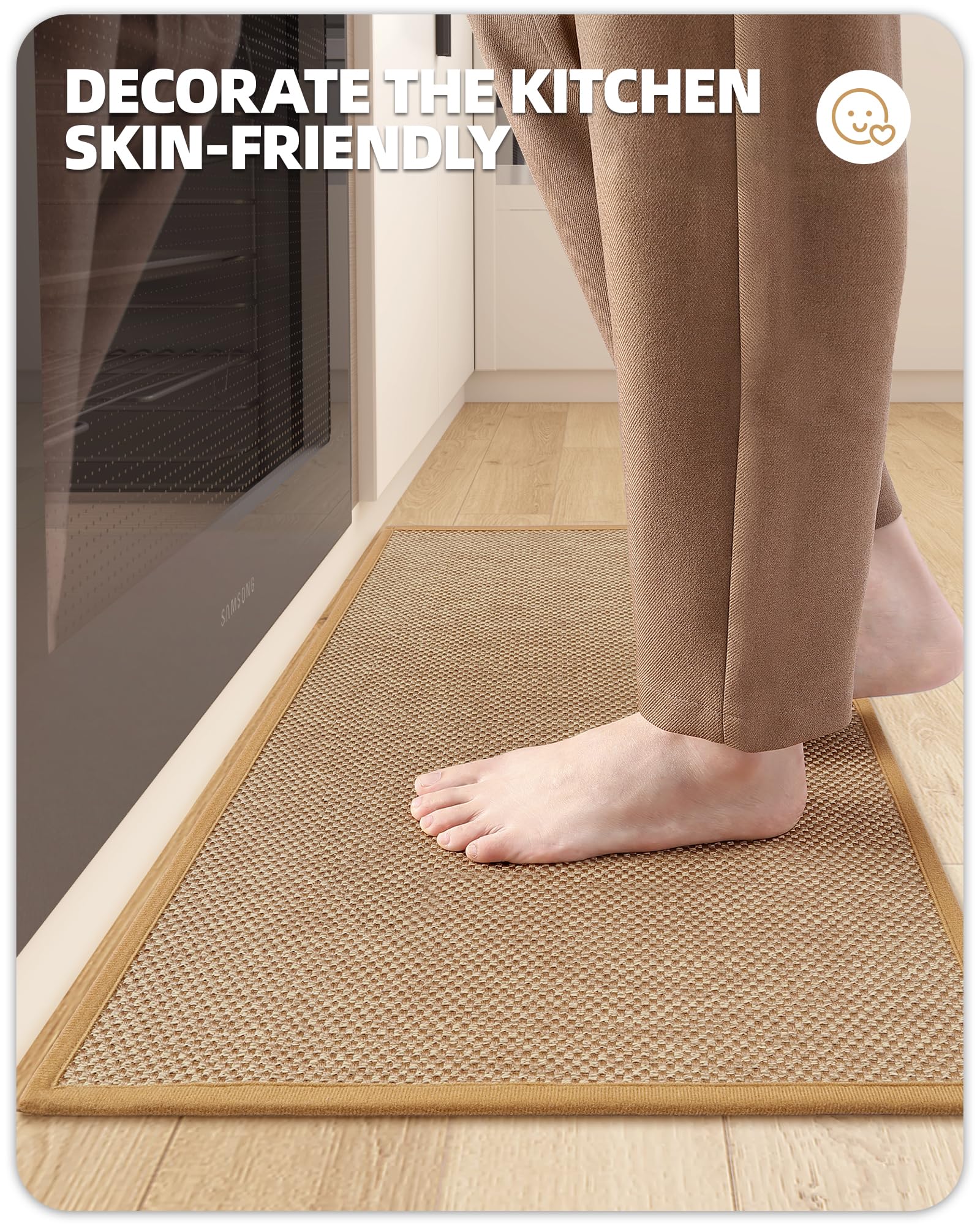 Non-Slip Washable Beige Kitchen Rugs and Mats - 17”x47” Absorbent Woven Runner for Sink, Laundry Room, Hallway, Bathroom & Entryway - Easy to Clean Floor Mats for Home & Office