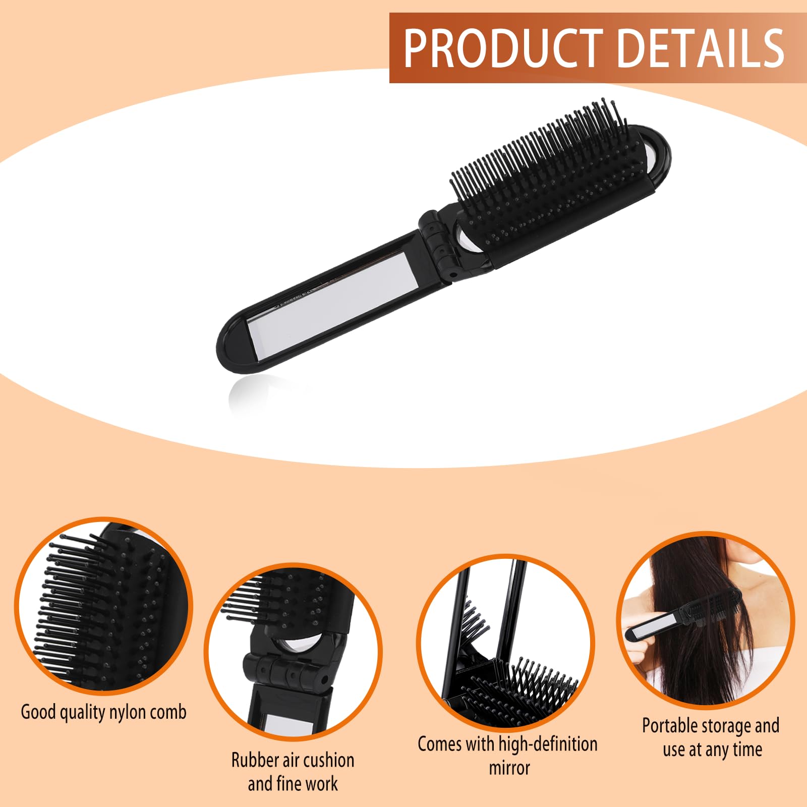 2 Pack Foldable Hair Brush with Mirror - Portable Travel Hair Brush, Pocket Size Anti-Static Mini Hairbrush, Compact Massage Comb for Women & Girls - Perfect for Home, Travel, Gym, and Purse (Black)