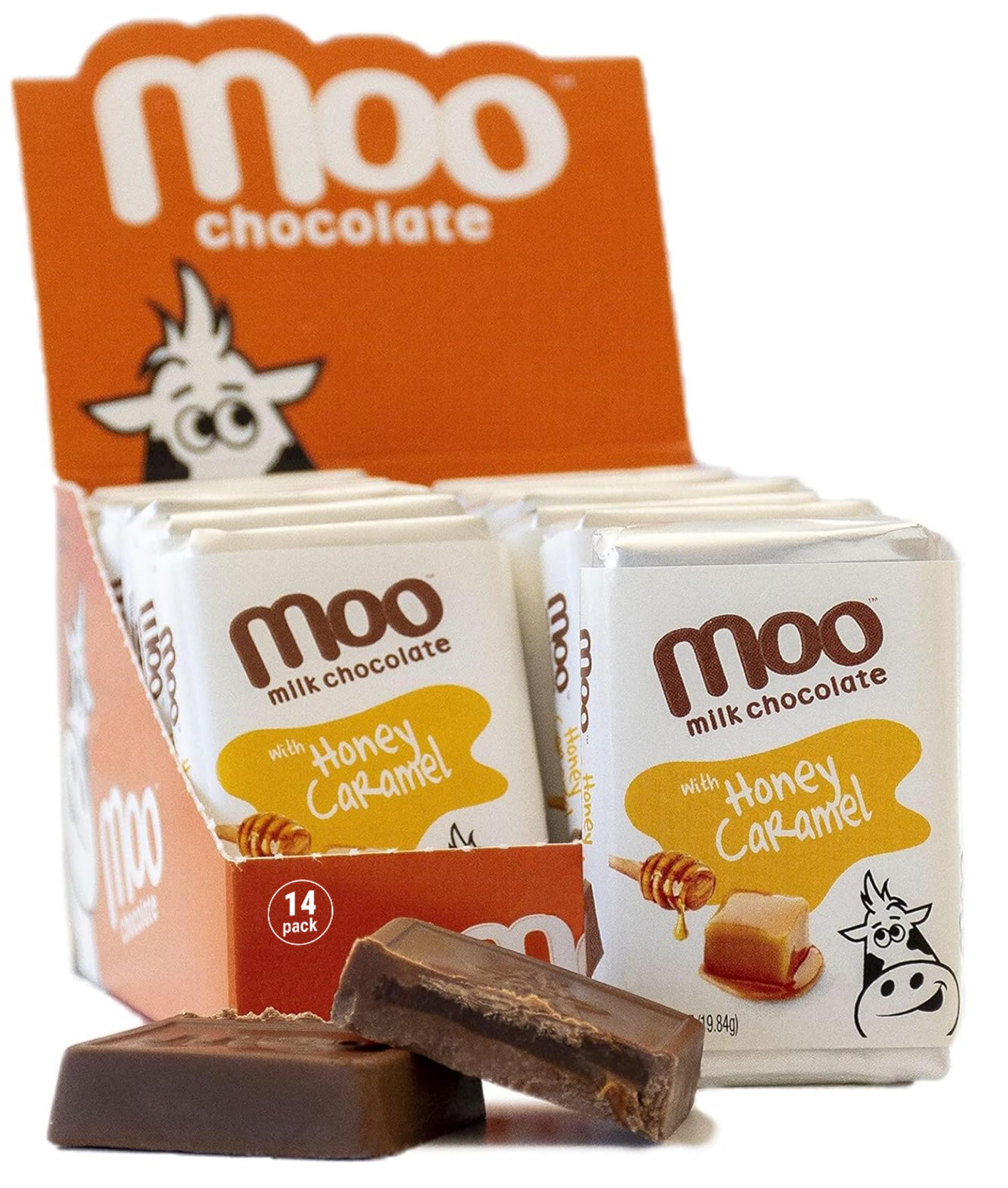 **Moo Chocolates All Natural Milk Chocolate Mini Bars with Honey Caramel – 0.7 oz, 14 Count (Pack of 1) | 70 Calorie Healthy Snacks for On-the-Go, Lunchboxes, Office, Travel & Gifts**