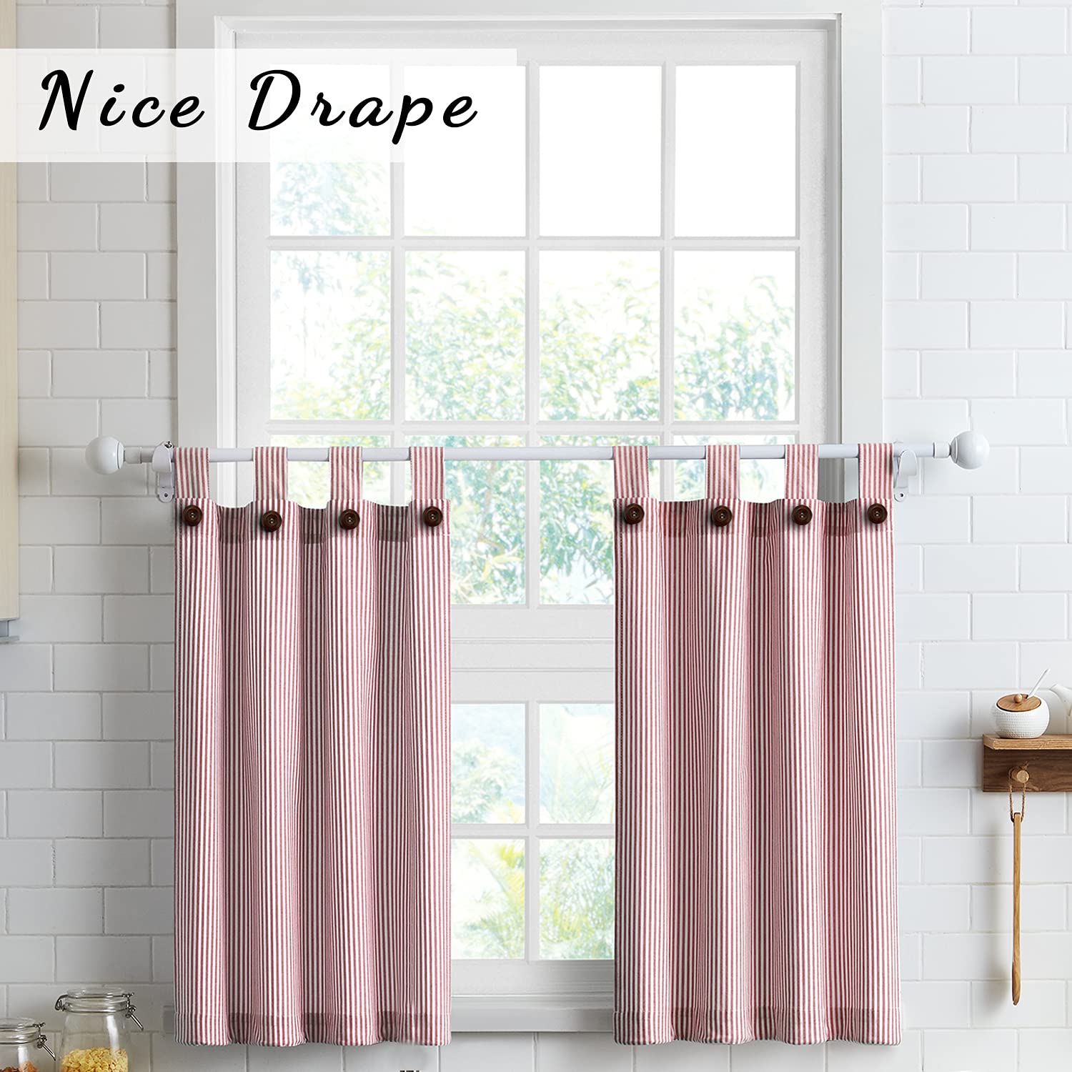 July Joy Cotton Kitchen Curtain Set - Light Filtering Tab Top Valance & Tiers with Ticking Stripe for Privacy, Perfect for Cafe, Kitchen, Bathroom, and Living Room Windows