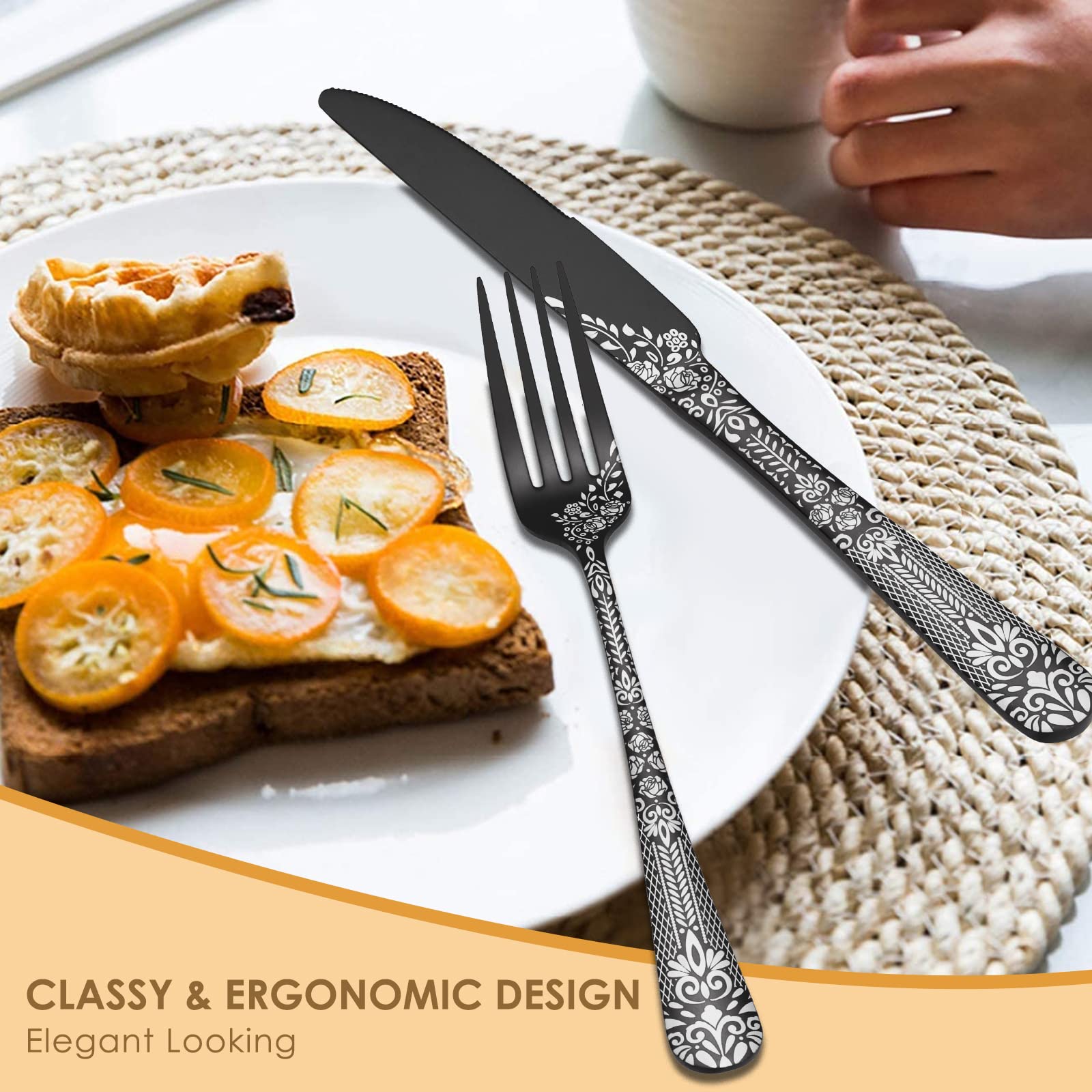 EUIRIO 36-Piece Black Silverware Set with Steak Knives - 6-Person Stainless Steel Mirror Cutlery Set with Unique Floral Laser Design (Spoons, Forks, Knives) - Dishwasher Safe Flatware for Everyday Dining, Dinner Parties & Restaurant Use