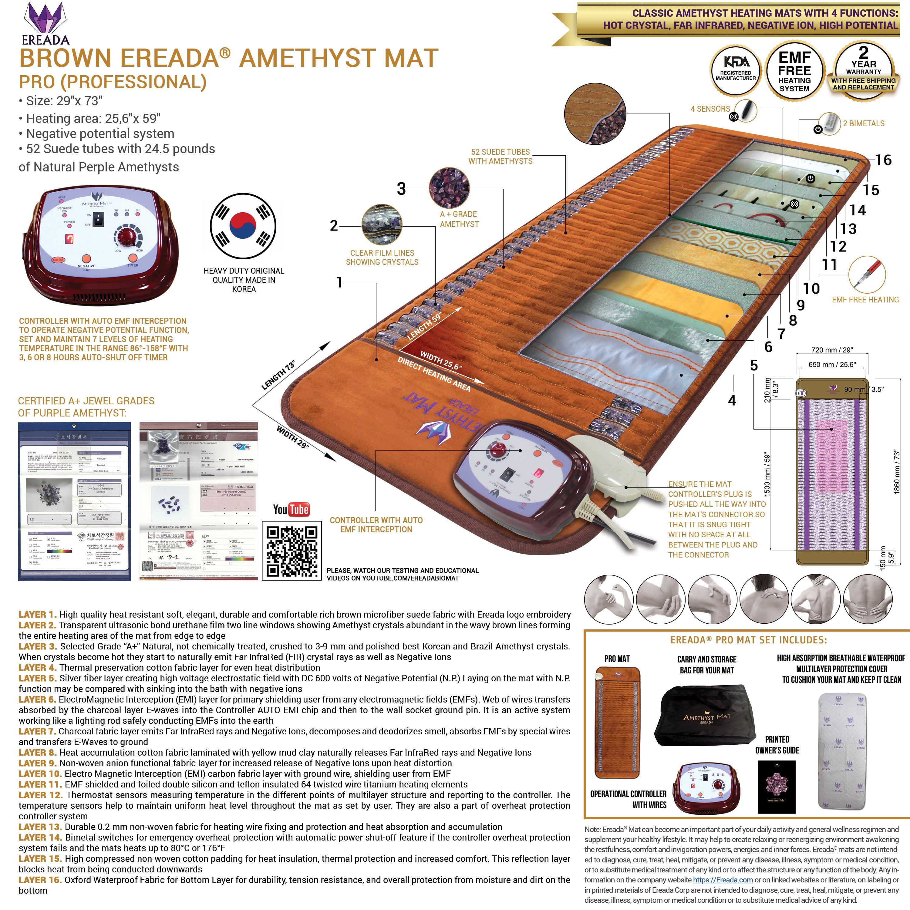 Ereada FIR Amethyst Mat - Professional Size 73L x 29W (186 x 72 cm) - Brown Far Infrared Therapy Mat for Pain Relief & Relaxation - Perfect for Home Spa, Yoga, and Wellness Recovery