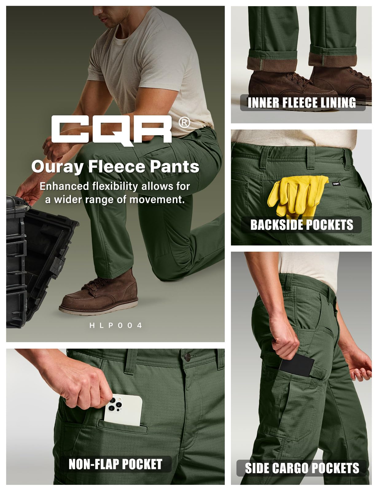 CQR Men's Winter Tactical Cargo Pants - Fleece Lined Thermal Snow Pants for Skiing, Hiking, Outdoor Work & Cold Weather Activities | Water-Resistant Military Style Utility Pants for Men