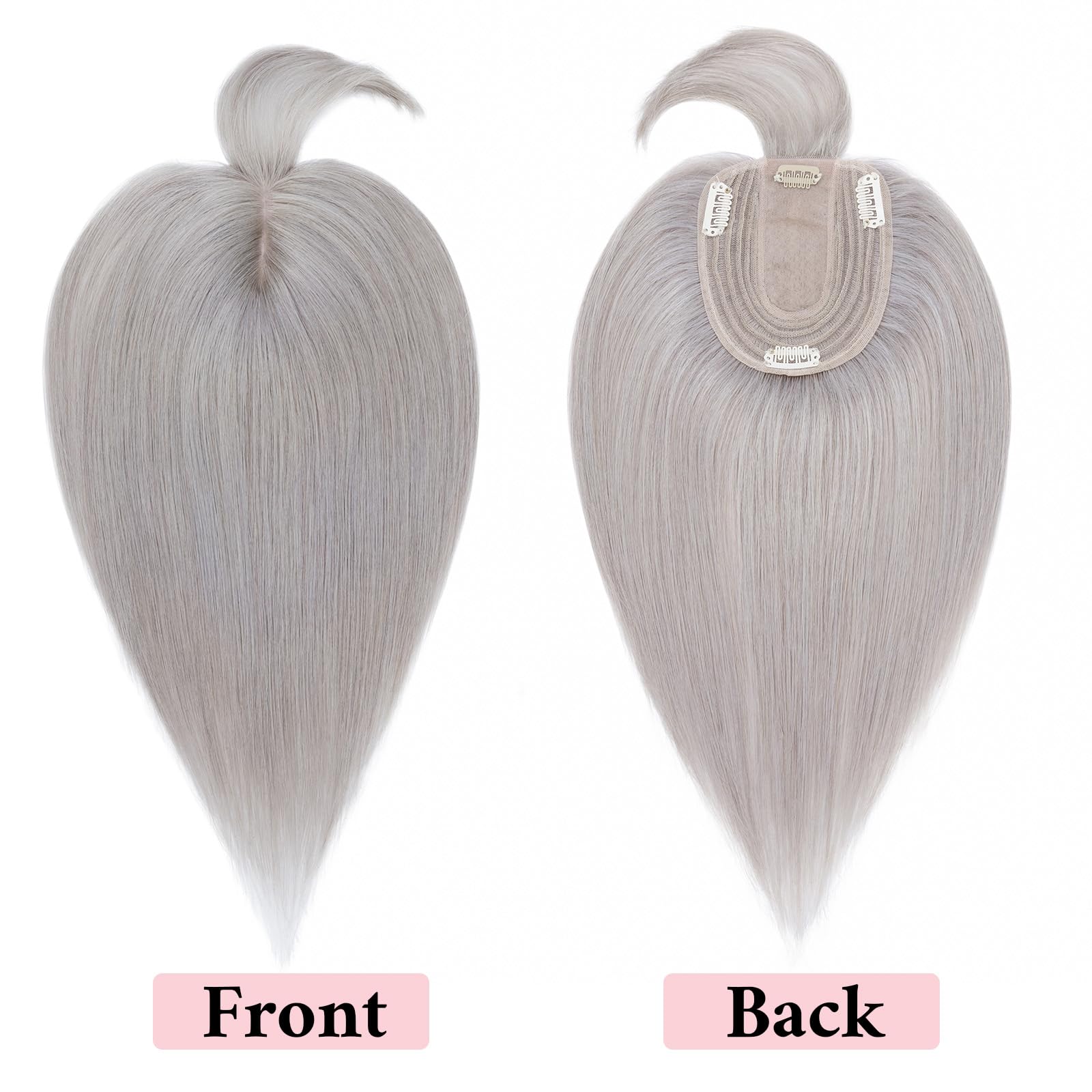 SEGO 100% Real Human Hair Toppers with Bangs - Silk Base 150% Density Clip-in Hairpiece (2.7”x5.1”) for Women with Thinning Hair & Hair Loss - Natural Gray Coverage | Perfect for Daily Wear, Special Occasions & Hair Volume Enhancement