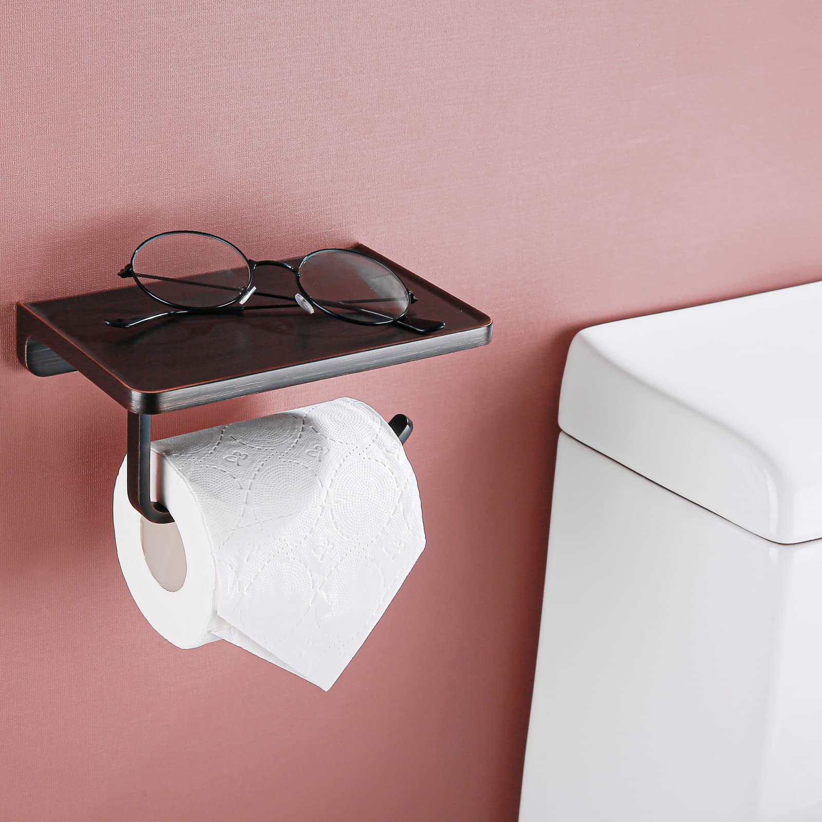 Oil Rubbed Bronze Toilet Paper Holder with Phone Shelf - Wall Mounted Bathroom Tissue Roll Holder - Solid Metal Design for Toilet Paper & Smartphone Storage - Perfect for Small Bathrooms & Powder Rooms - RD93008-ORB
