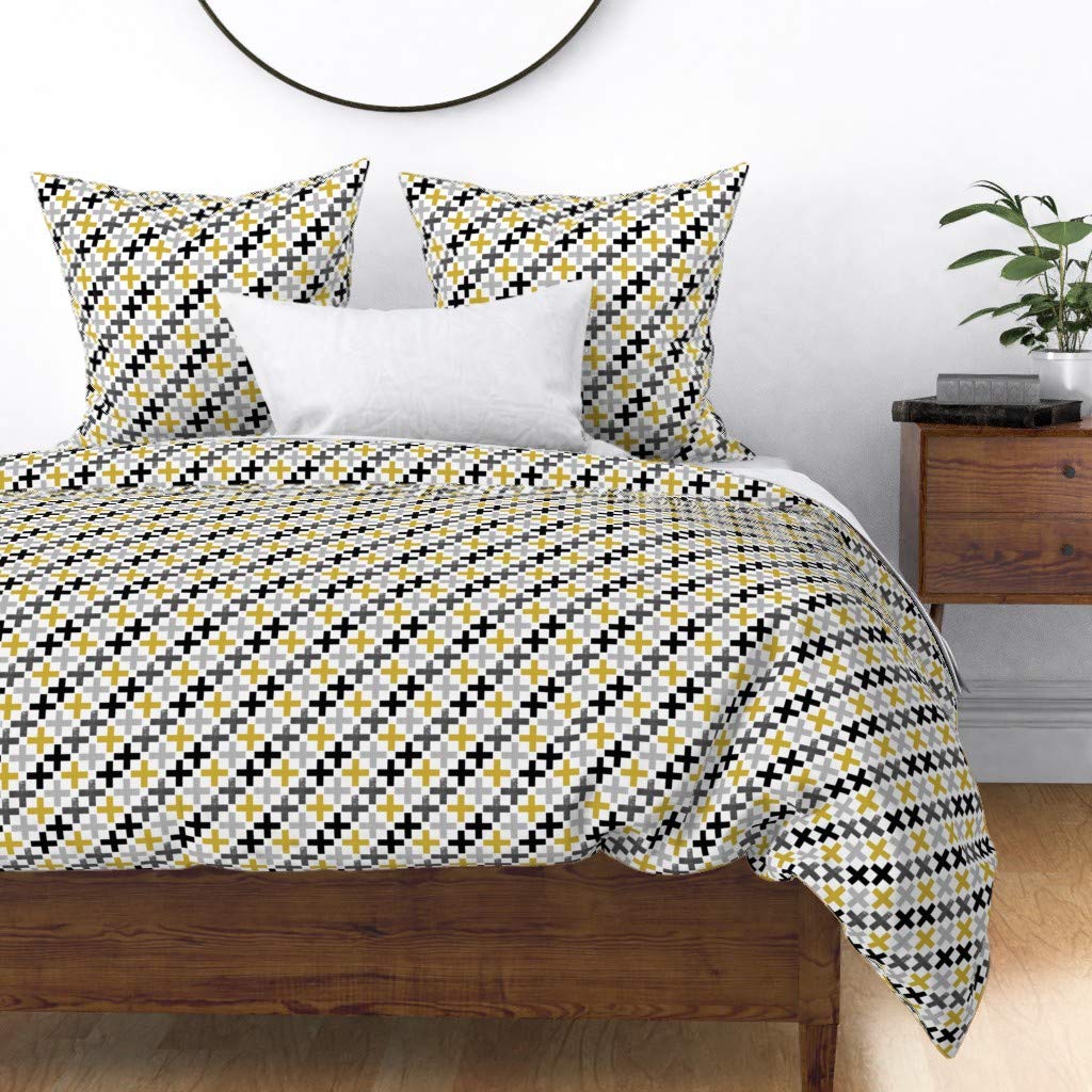 Premium Spoonflower Cotton Sateen Duvet Cover - Full/Queen Size in Light Grey Mustard Charcoal Black Swiss Cross Print | Gender Neutral Nursery Bedding | Soft Custom Baby Bed Set for Cozy Sleep & Stylish Room Decor