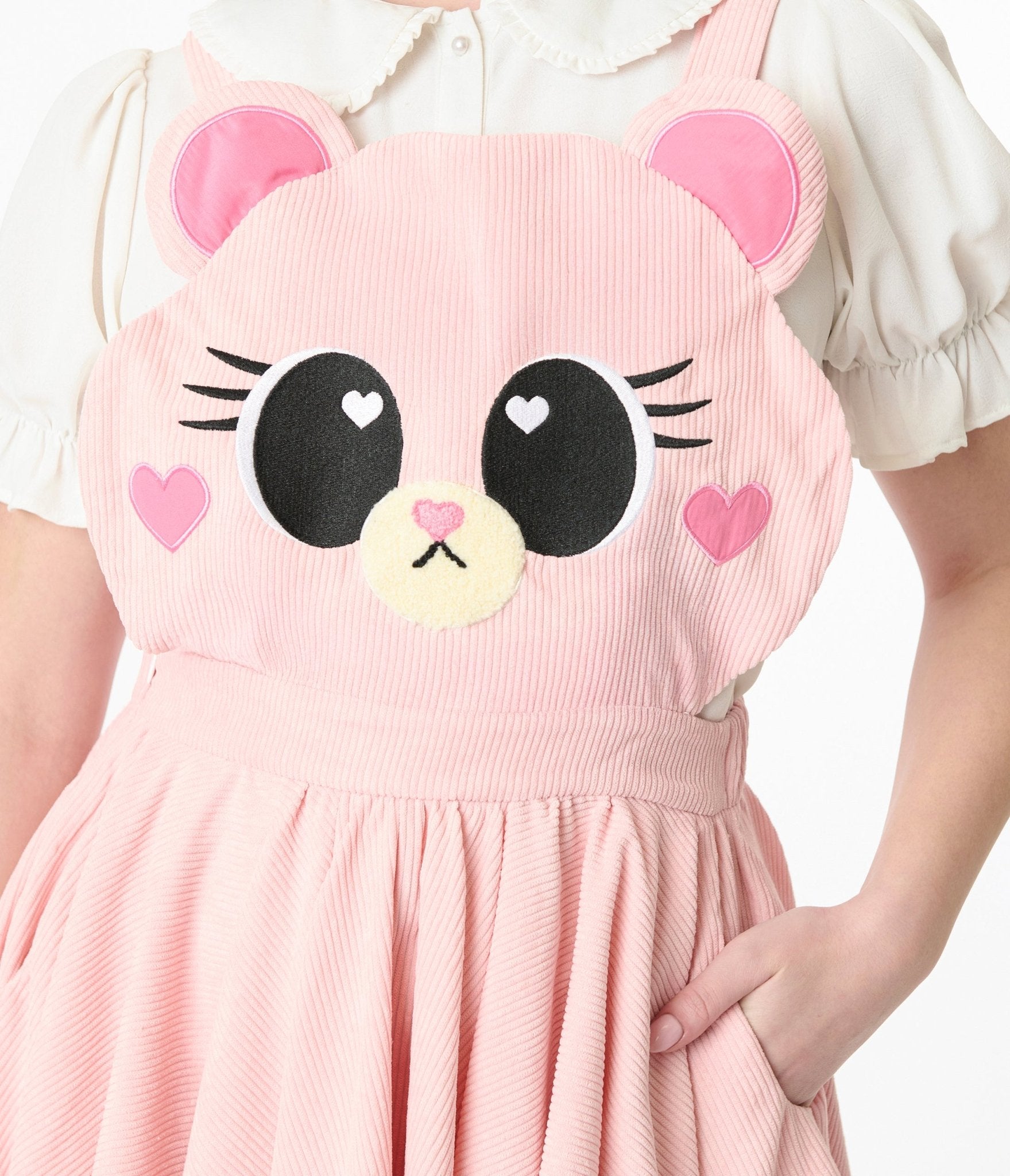 Miss Candyholic Pink Bear Corduroy Pinafore Dress - Cute Aesthetic Overalls for Women & Girls | Perfect for Casual Outfits, Photoshoots & Kawaii Fashion