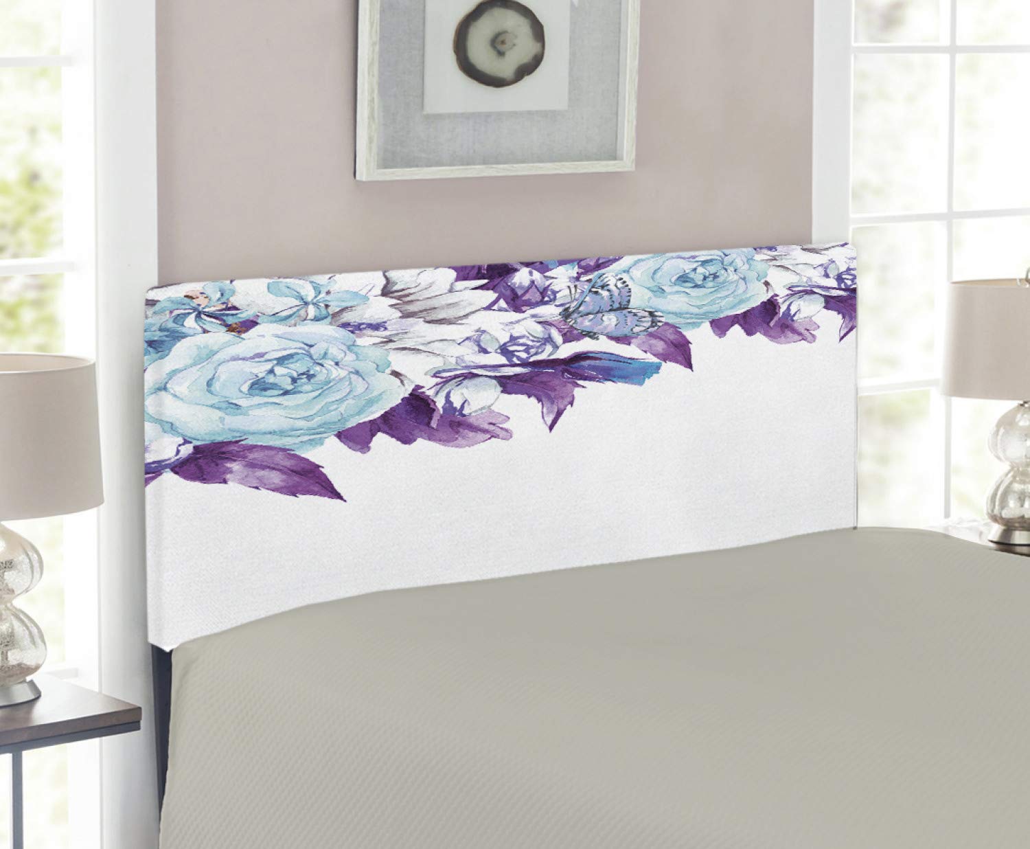 Ambesonne Floral Headboard - Vintage Classic Flower Petals Design, Upholstered Decorative Metal Bed Frame with Memory Foam, Twin Size, Pale Blue Purple - Perfect for Bridal Bedroom, Wedding Decor & Shabby Chic Home Decor