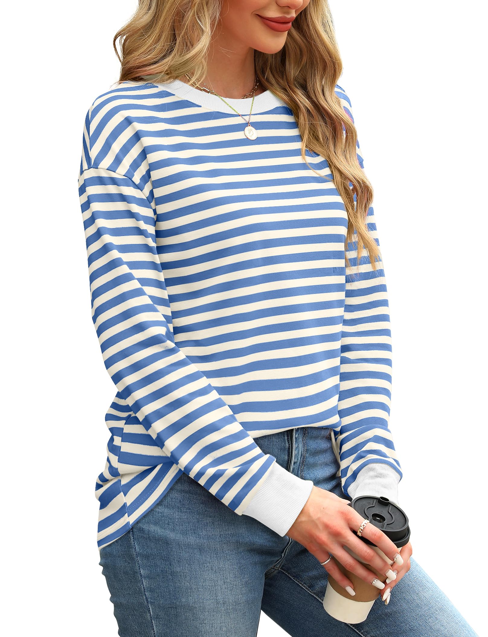 WIHOLL Women's Long Sleeve Striped Tunic Top - Crewneck Casual Blouse for Work, Office & Everyday Wear