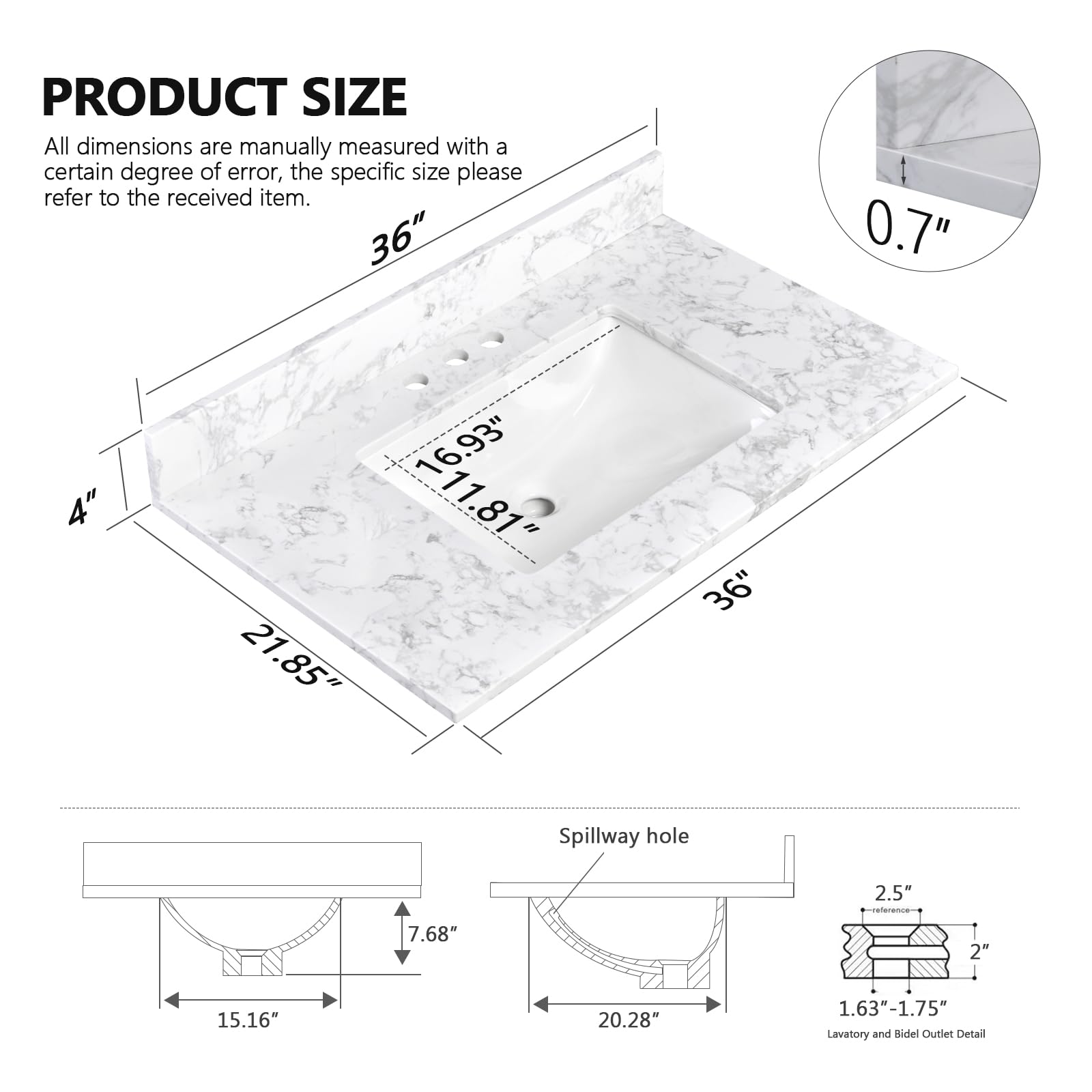 36x22 Inch White Engineered Stone Bathroom Vanity Top with Integrated Sink - 8 Inch 3-Hole Faucet Spread & Backsplash (Faucet Not Included) - Perfect for Modern Bathroom Renovations & Small Space Upgrades