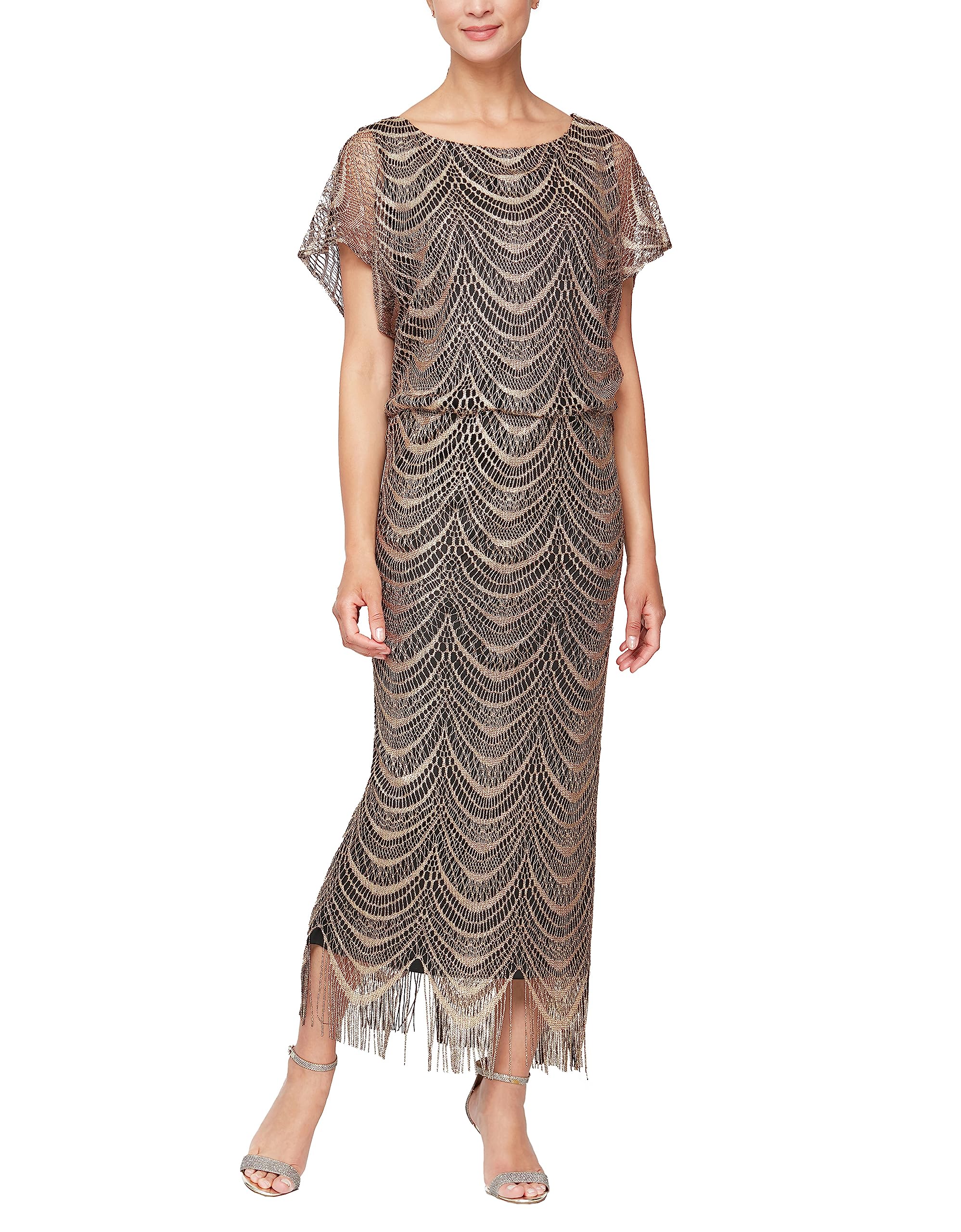 S.L. Fashions Women's Plus Size Metallic Blouson Crochet Dress - Elegant Boho Chic Party & Wedding Guest Outfit for Curvy Women