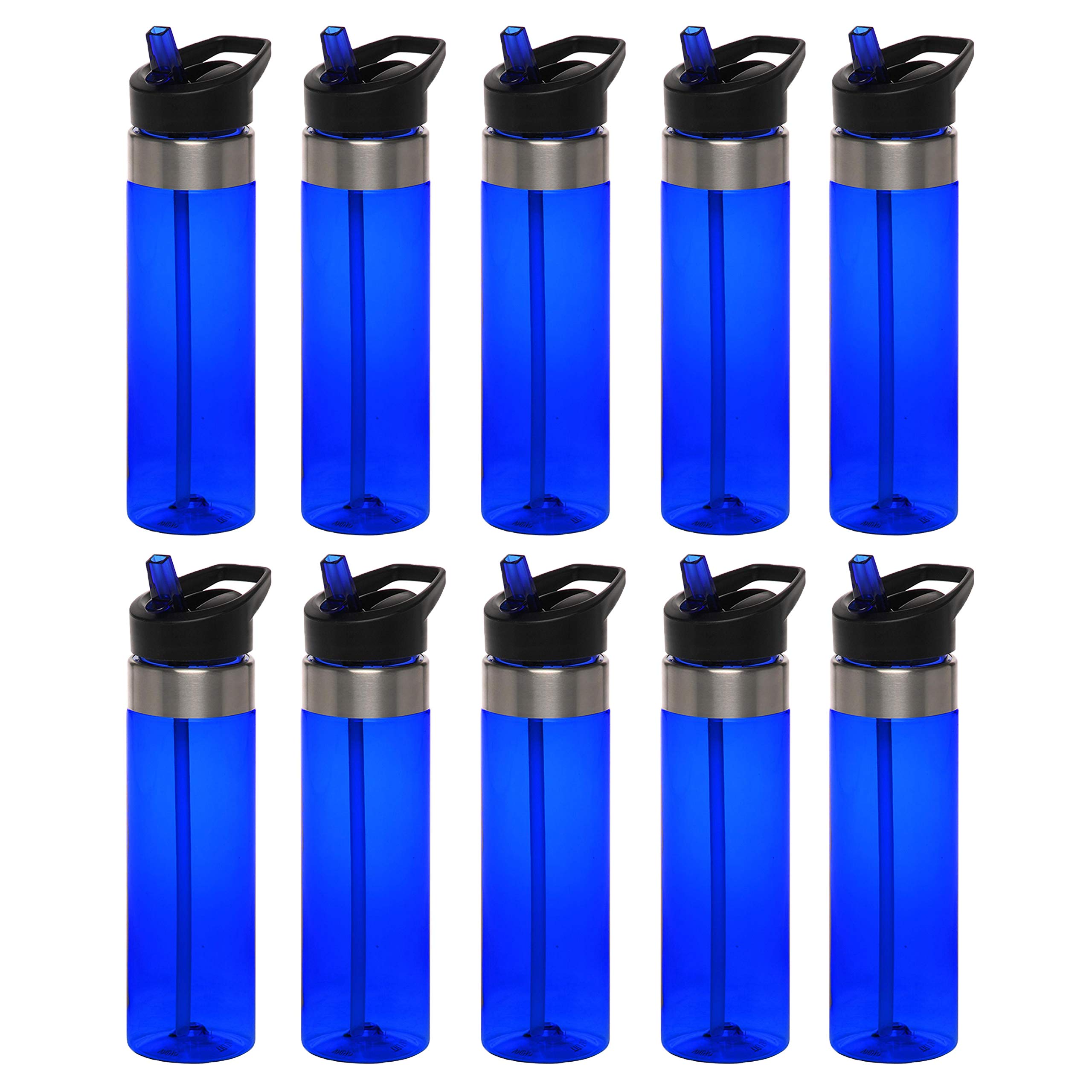 10 Pack BPA Free Plastic Water Bottle 24 oz with Straw - Tritan Copolyester, Screw-On Flip Top Lid, Slim Translucent Design - Perfect for Gym, Hiking, Travel & School Hydration - Blue