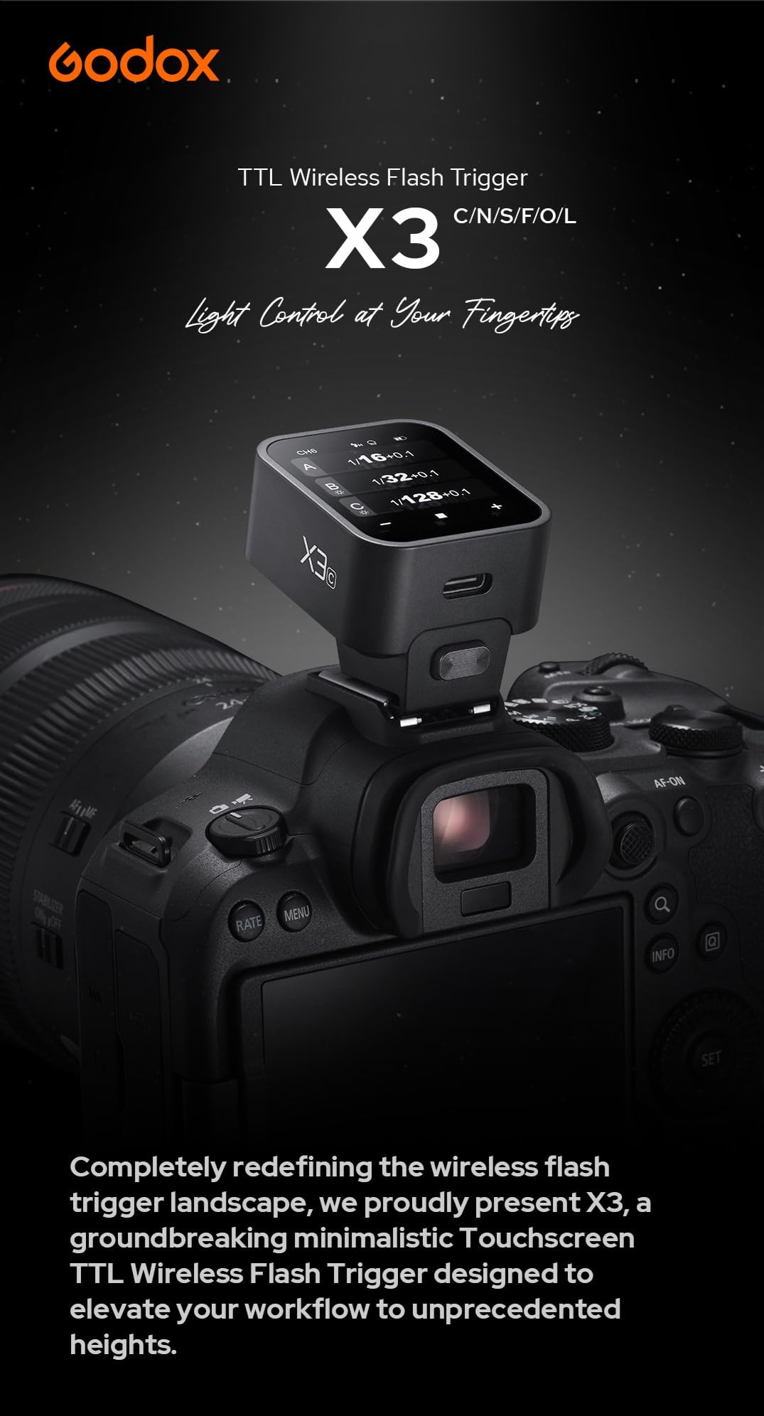 Godox X3 C TTL Wireless Flash Trigger for Canon - Touchscreen Control, TCM Conversion, Quick Charge, Wireless Sync - Perfect for Studio & Outdoor Photography